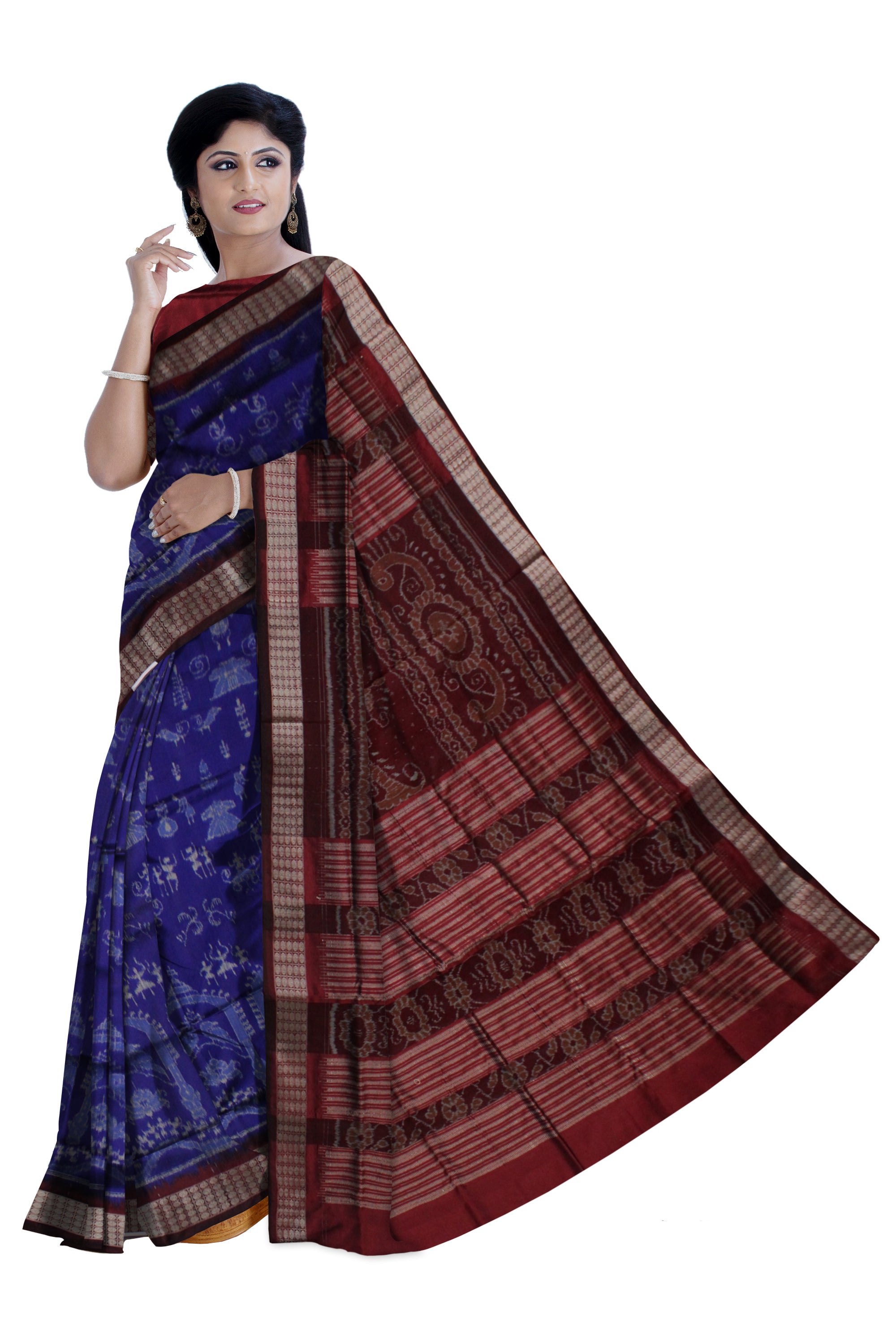 TERRACOTTA WITH PARROT PATTERN PATA SAREE IS BLUE AND COFFEE COLOR BASE,COMES WITH MATCHIG BLOUSE PIECE. - Koshali Arts & Crafts Enterprise