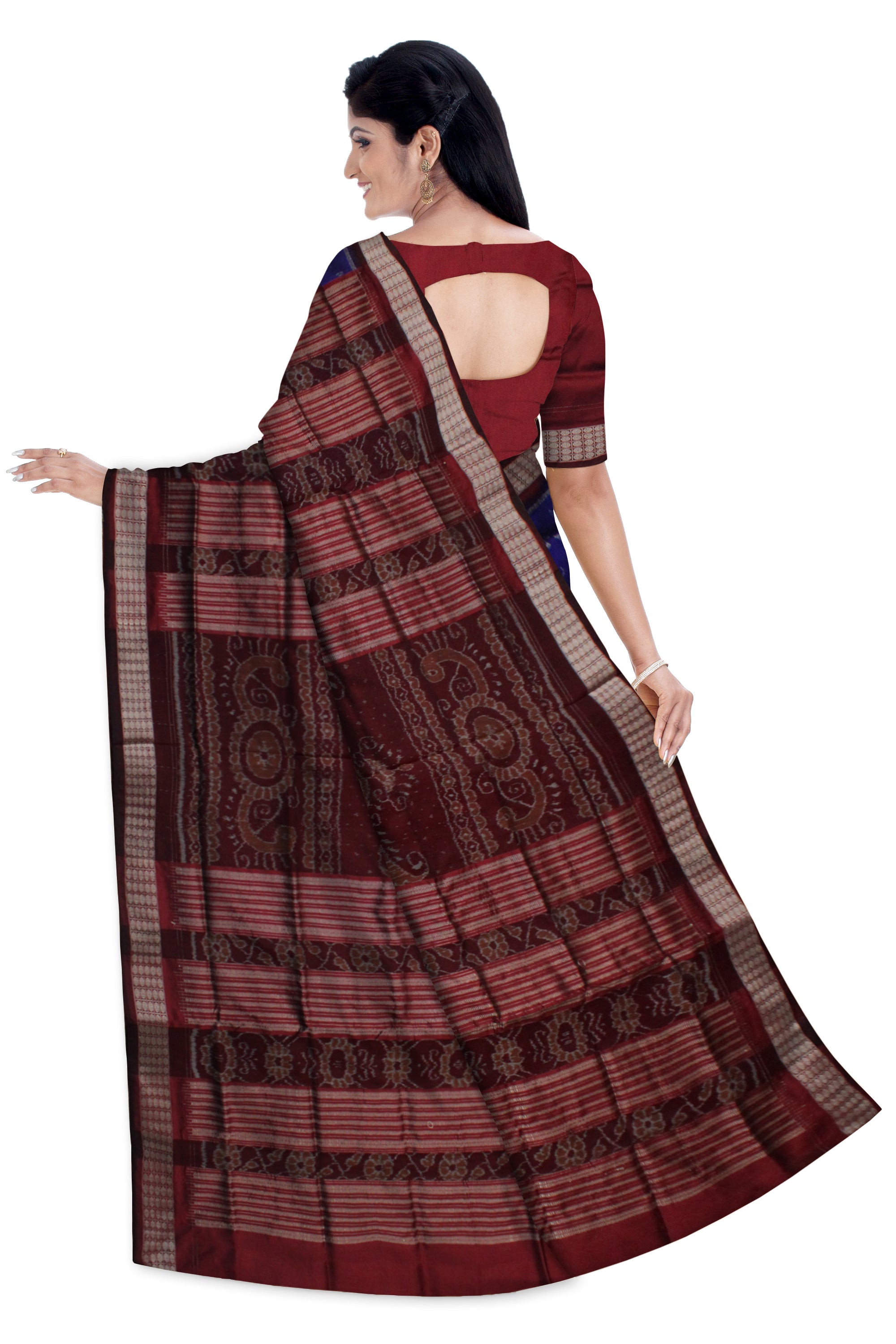 TERRACOTTA WITH PARROT PATTERN PATA SAREE IS BLUE AND COFFEE COLOR BASE,COMES WITH MATCHIG BLOUSE PIECE. - Koshali Arts & Crafts Enterprise