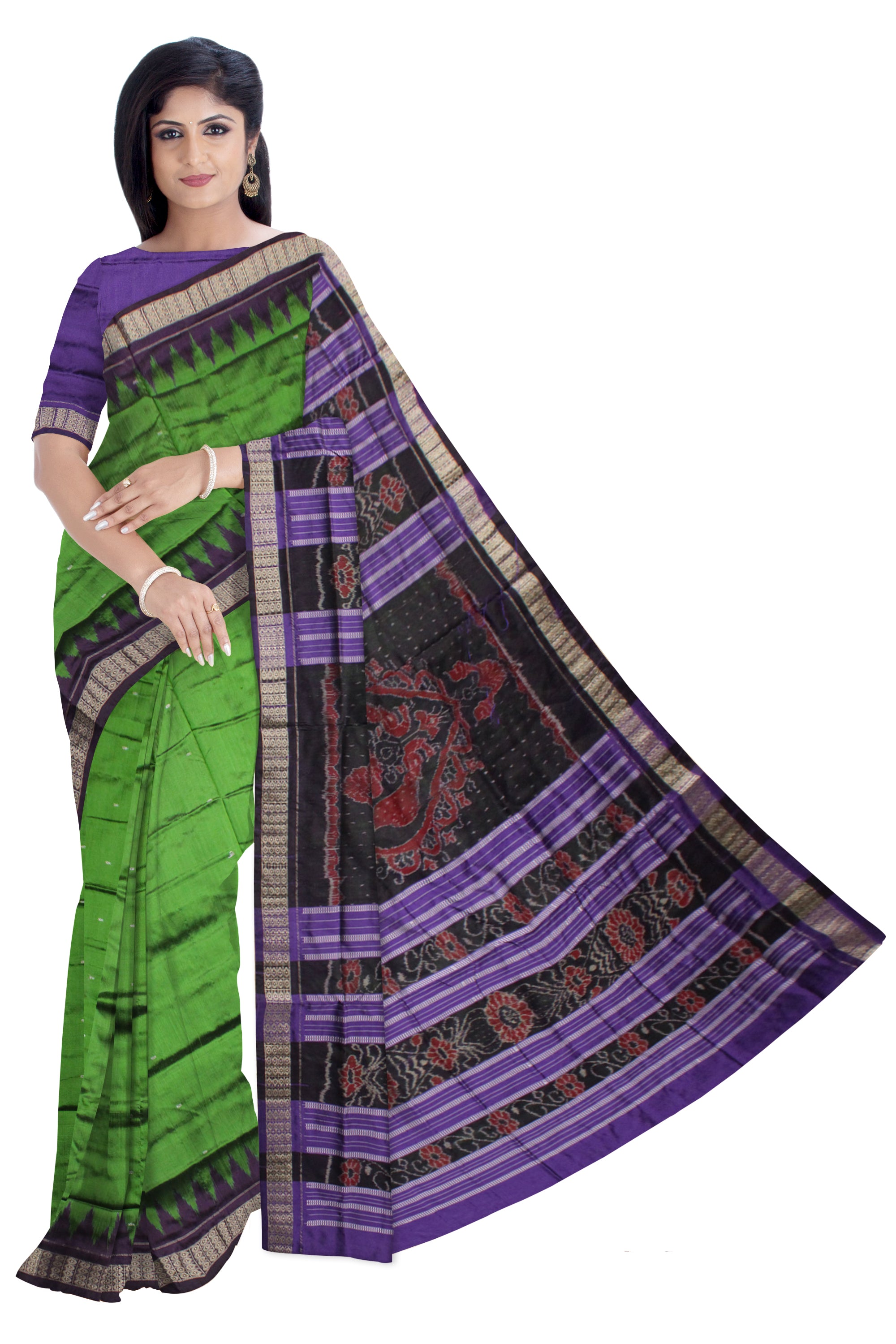 SMALL BOOTY PATTERN PLAIN PATA SAREE IS GREEN AND PURPLE COLOR BASE.WITH MATCHING BLOUSE PIECE. - Koshali Arts & Crafts Enterprise