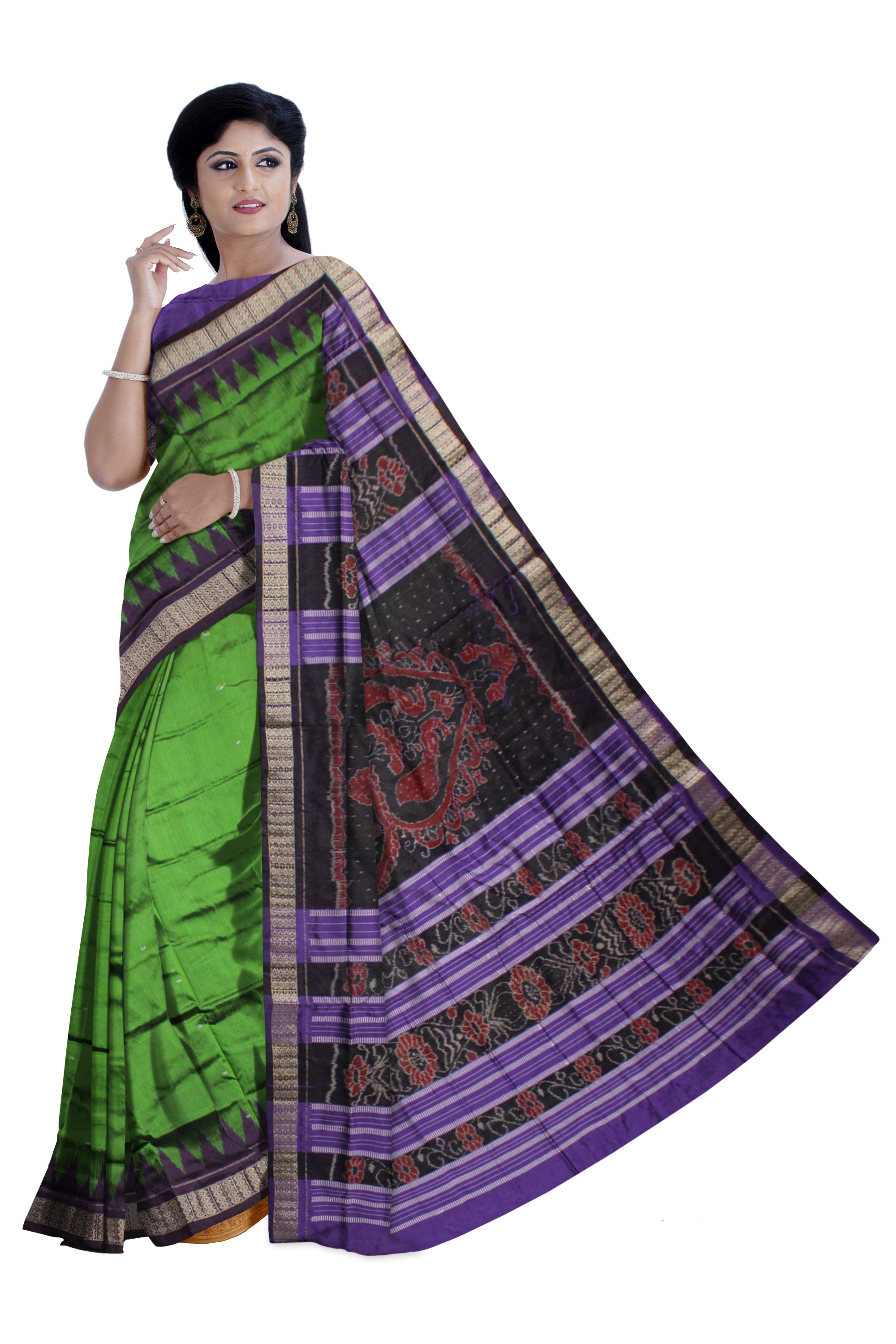 SMALL BOOTY PATTERN PLAIN PATA SAREE IS GREEN AND PURPLE COLOR BASE.WITH MATCHING BLOUSE PIECE. - Koshali Arts & Crafts Enterprise