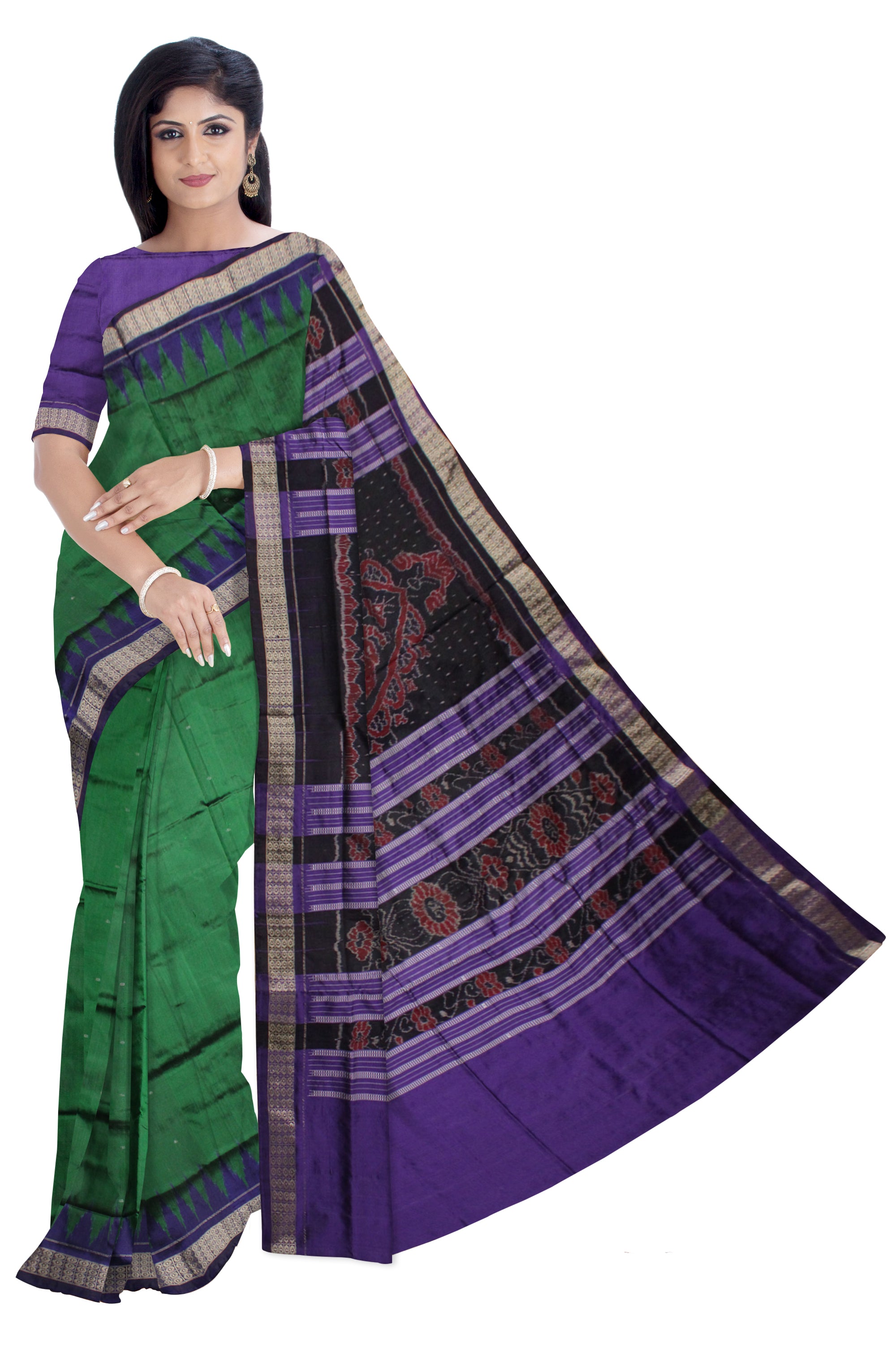 DARK GREEN AND PURPLE COLOR PLAIN PATA SAREE, WITH BLOUSE PIECE. - Koshali Arts & Crafts Enterprise