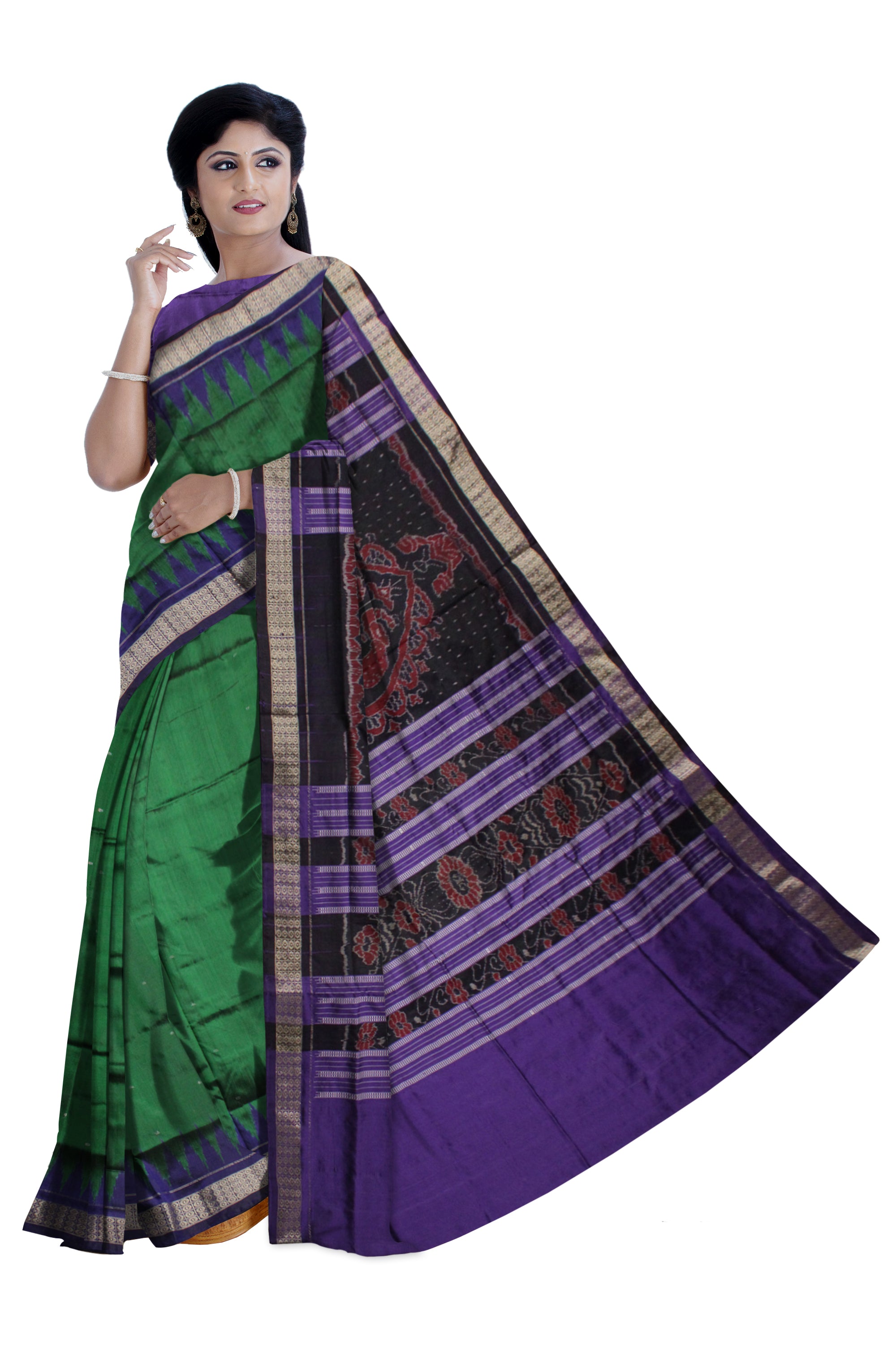 DARK GREEN AND PURPLE COLOR PLAIN PATA SAREE, WITH BLOUSE PIECE. - Koshali Arts & Crafts Enterprise