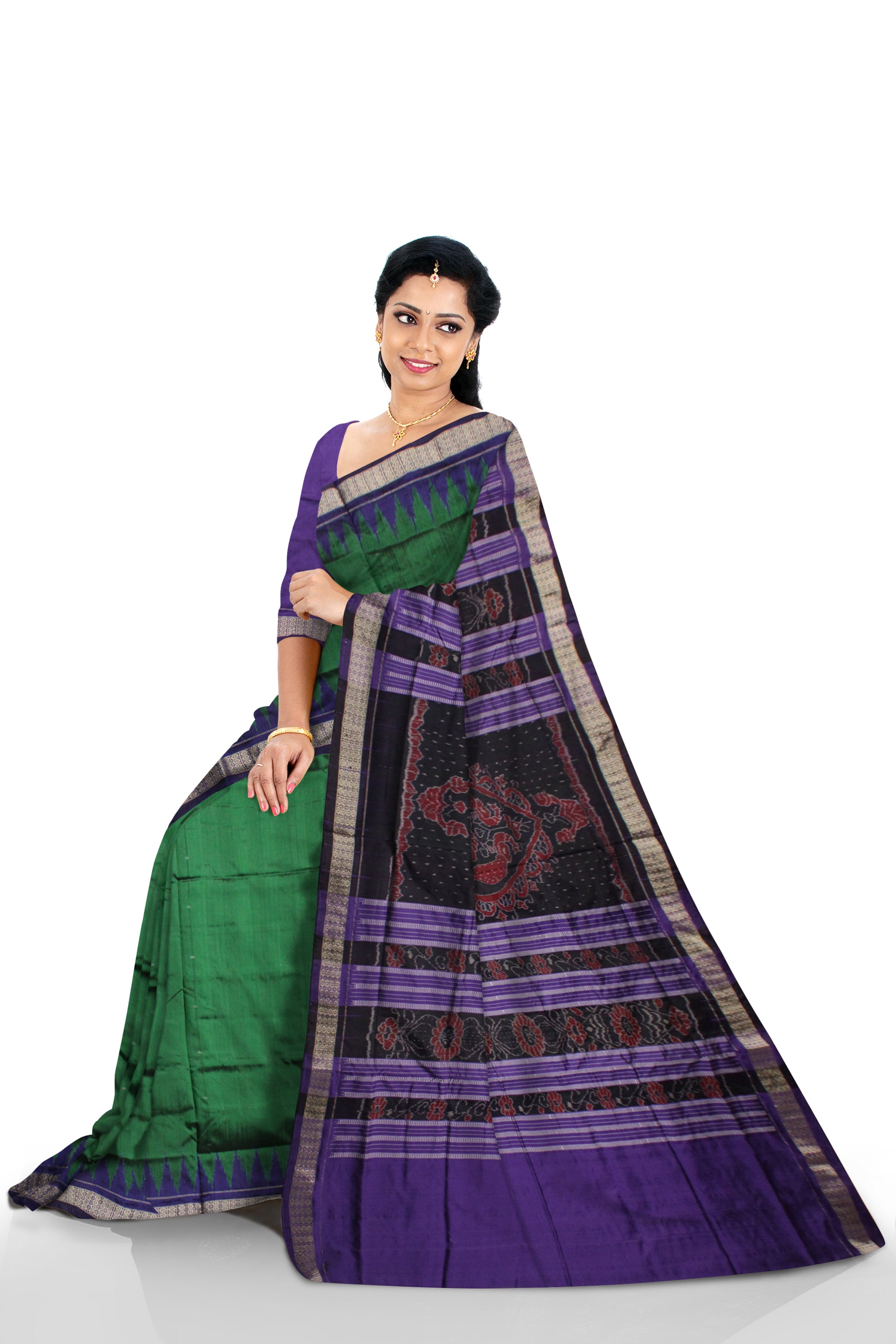 DARK GREEN AND PURPLE COLOR PLAIN PATA SAREE, WITH BLOUSE PIECE. - Koshali Arts & Crafts Enterprise