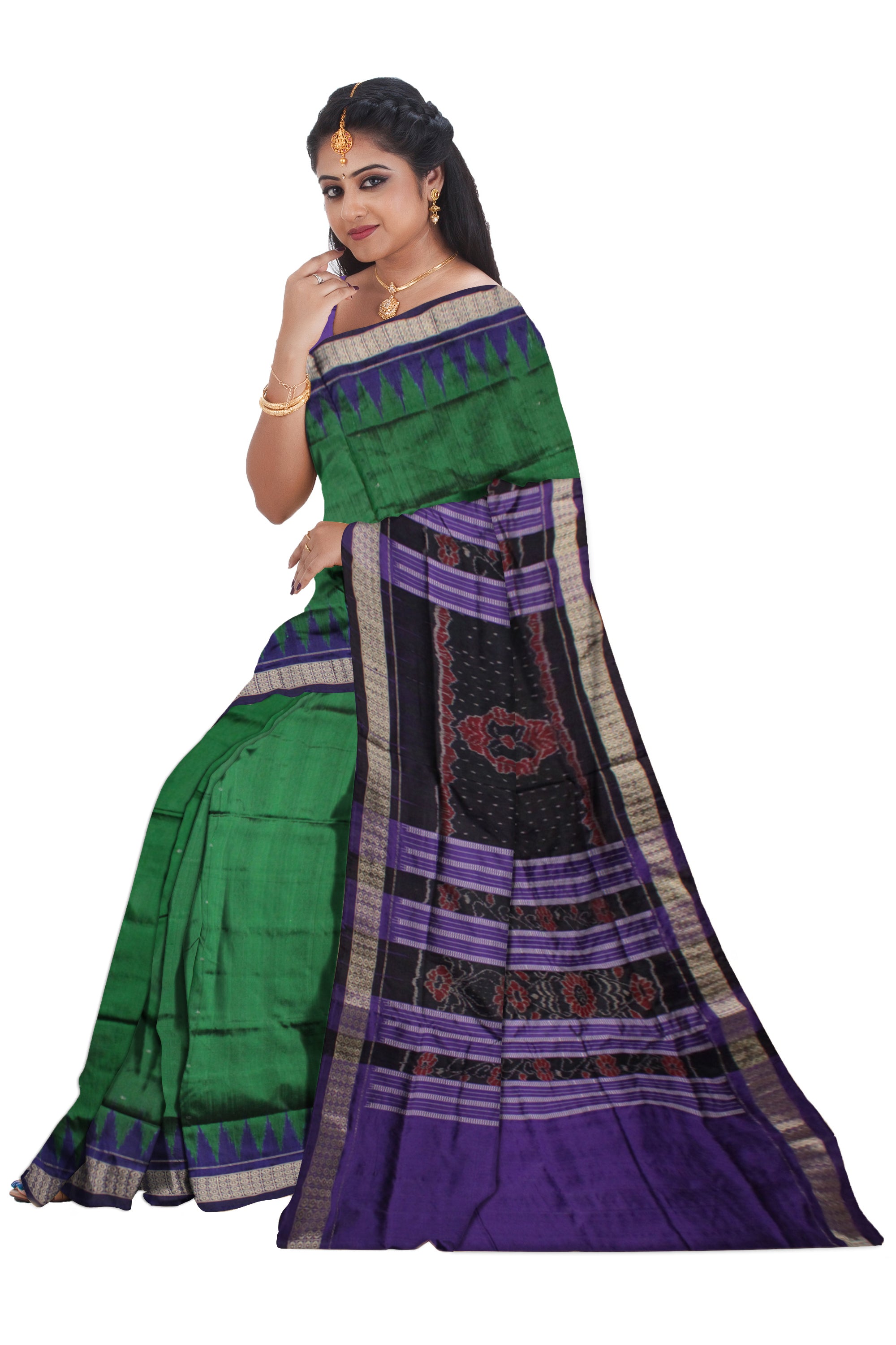DARK GREEN AND PURPLE COLOR PLAIN PATA SAREE, WITH BLOUSE PIECE. - Koshali Arts & Crafts Enterprise