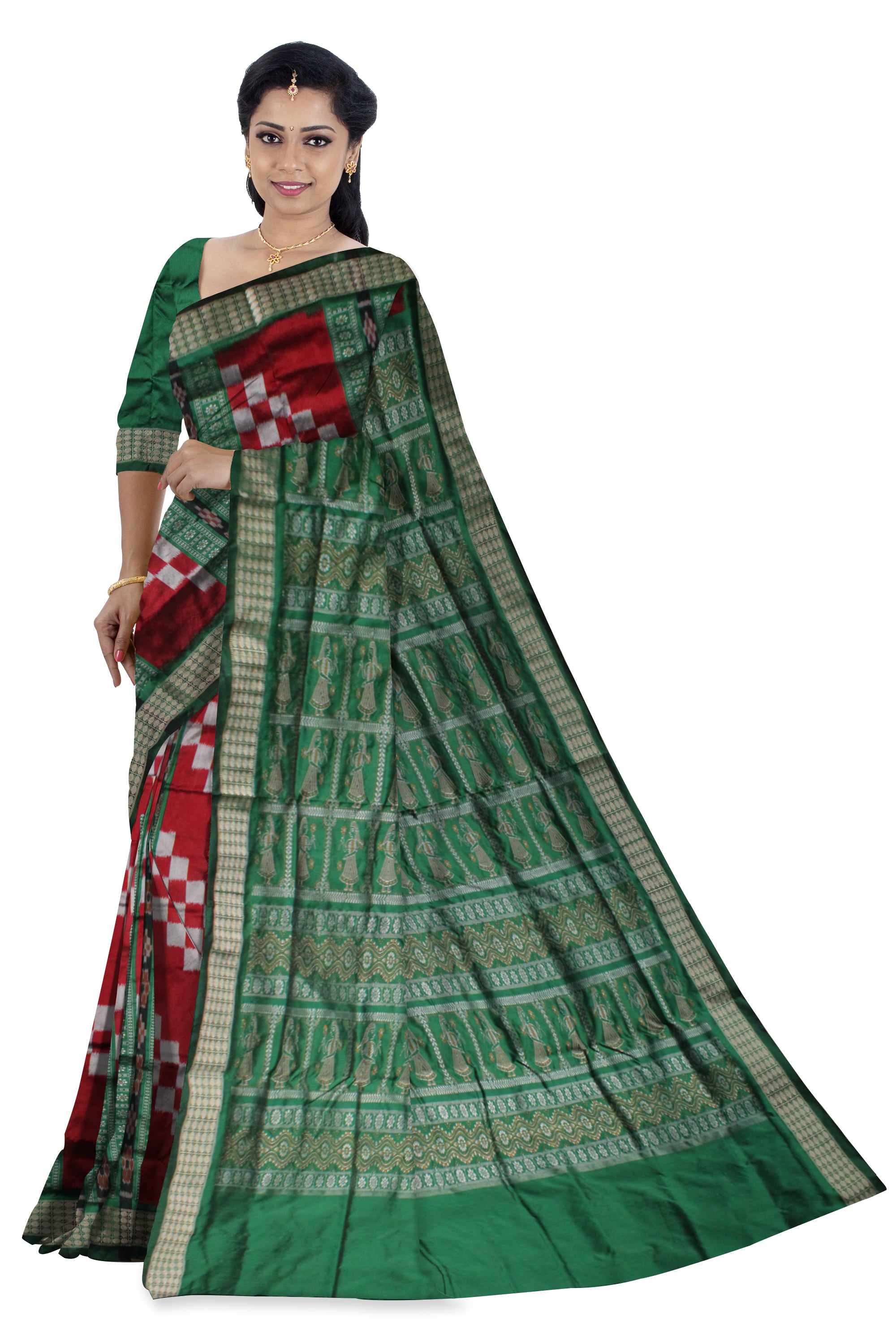 MAROON & GREEN COLOR SAPTA PATTERN PATA SAREE, ATTACHED WITH MATCHING BLOUSE PIECE. - Koshali Arts & Crafts Enterprise