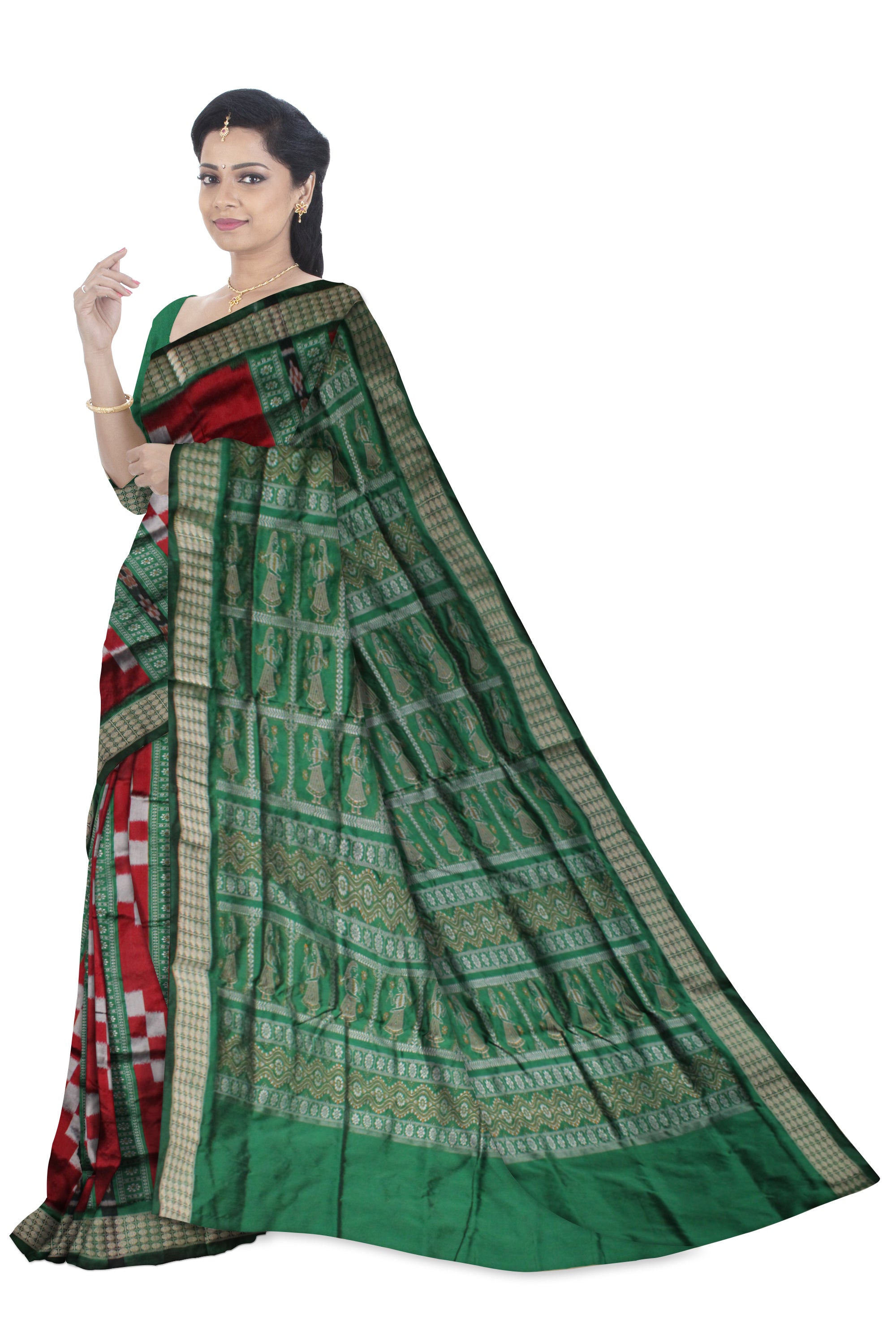 MAROON & GREEN COLOR SAPTA PATTERN PATA SAREE, ATTACHED WITH MATCHING BLOUSE PIECE. - Koshali Arts & Crafts Enterprise