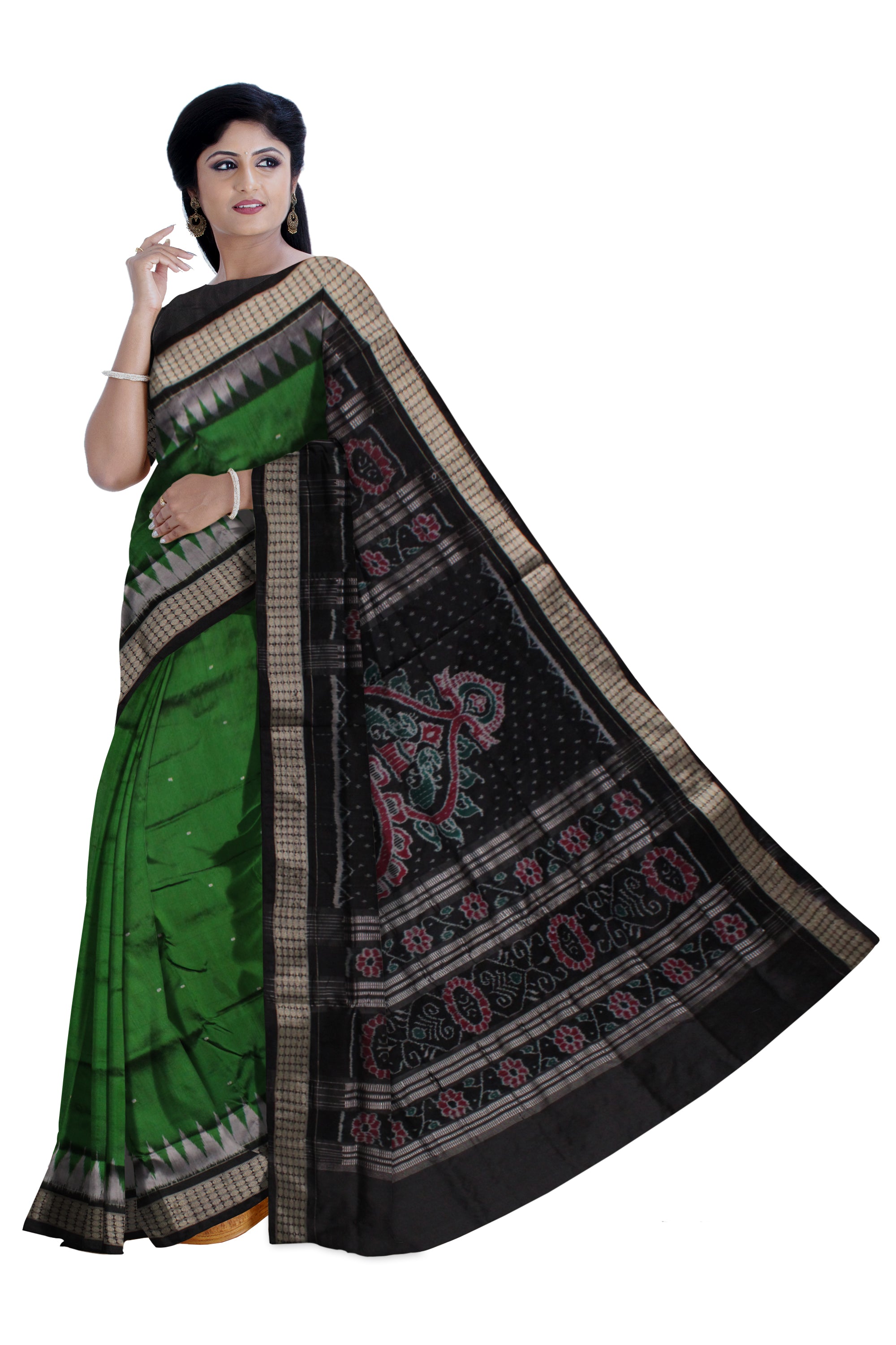 SMALL BOOTY PATTERN PATA SAREE IS GREEN AND BLACK COLOR BASE,COMES WITH MATCHING BLOUSE PIECE. - Koshali Arts & Crafts Enterprise