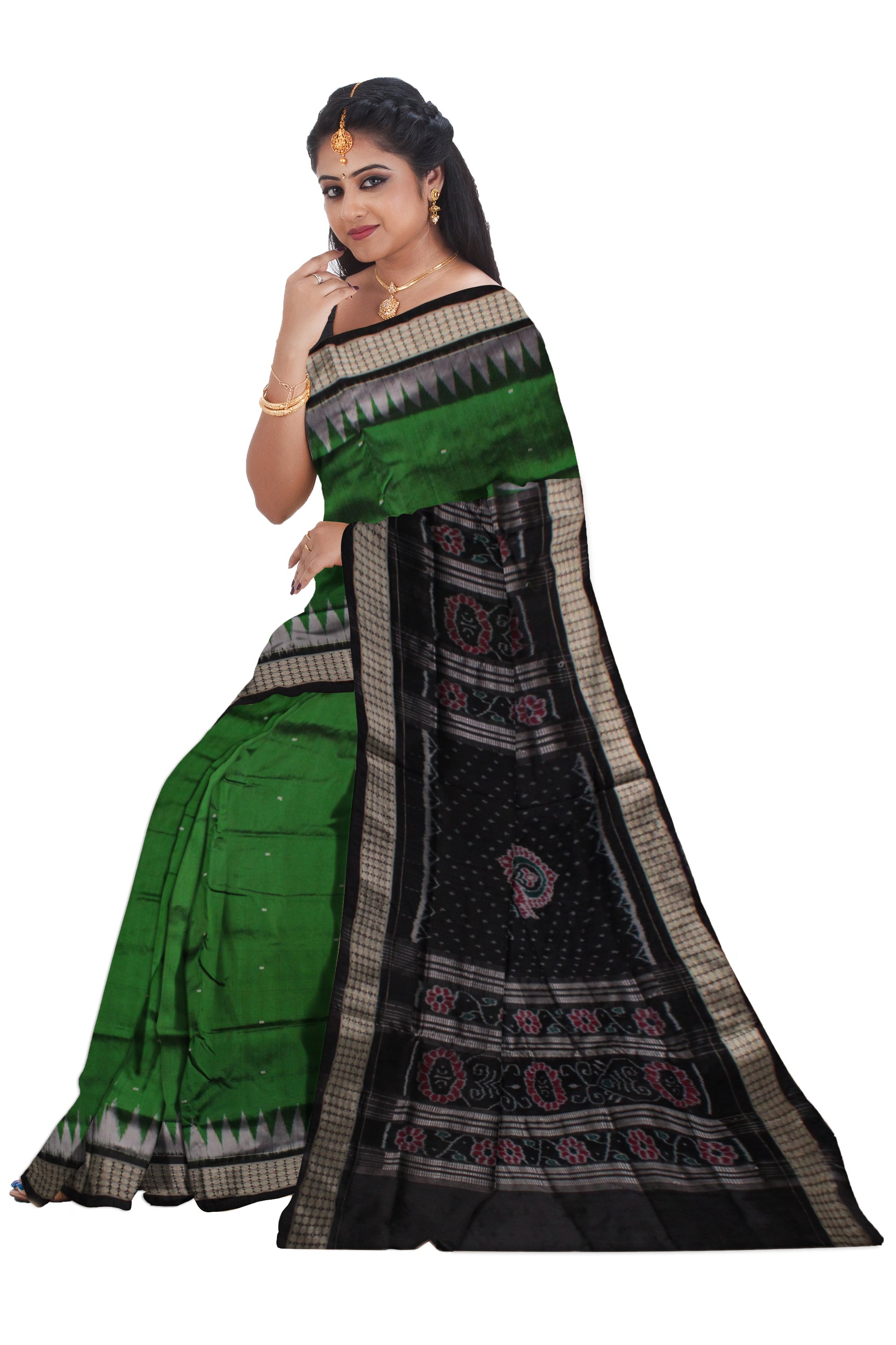 SMALL BOOTY PATTERN PATA SAREE IS GREEN AND BLACK COLOR BASE,COMES WITH MATCHING BLOUSE PIECE. - Koshali Arts & Crafts Enterprise