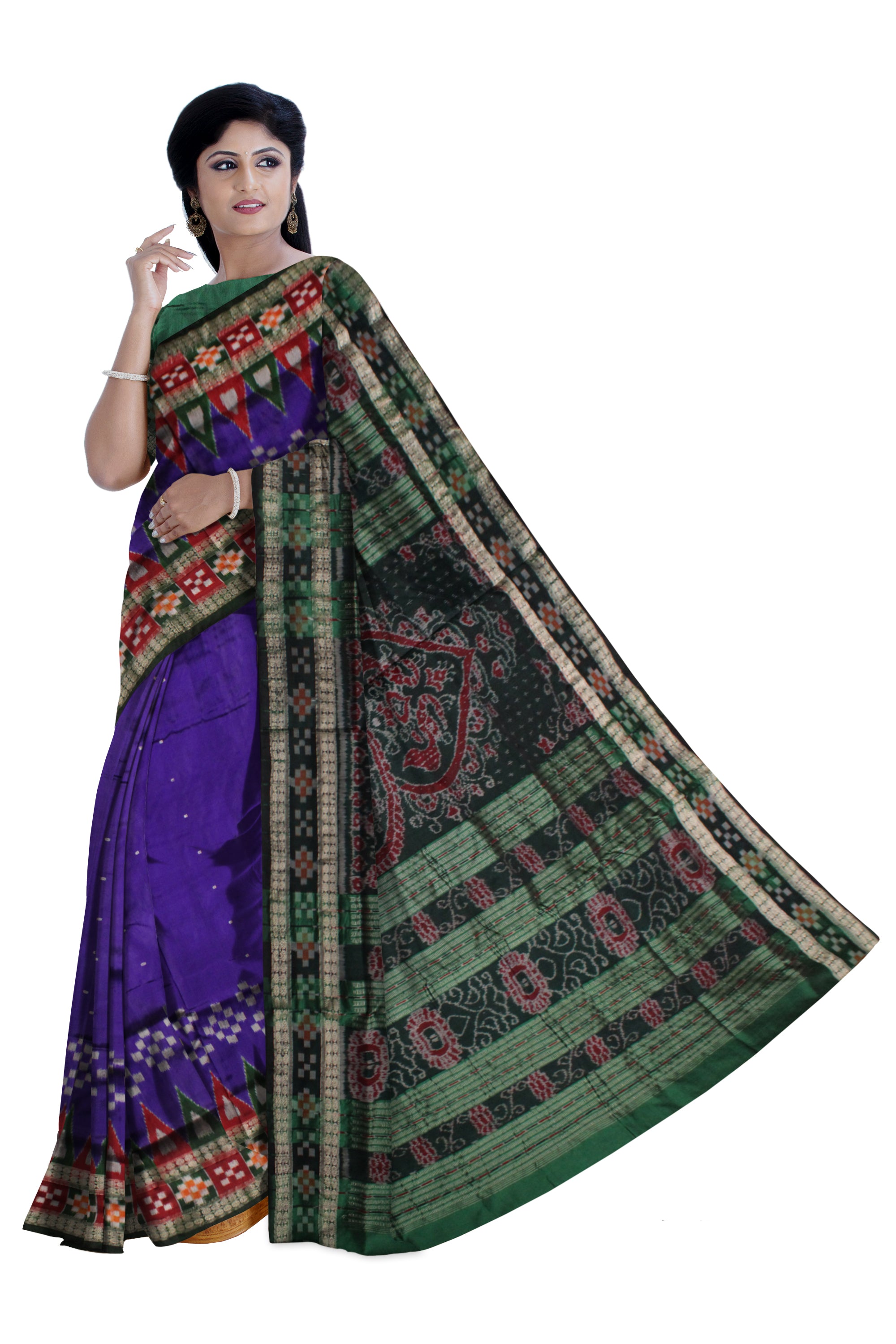 PURPLE AND GREEN COLOR DESIGN DHADI SAPTA PATA SAREE,COMES WITH MATCHING BLOUSE PIECE. - Koshali Arts & Crafts Enterprise