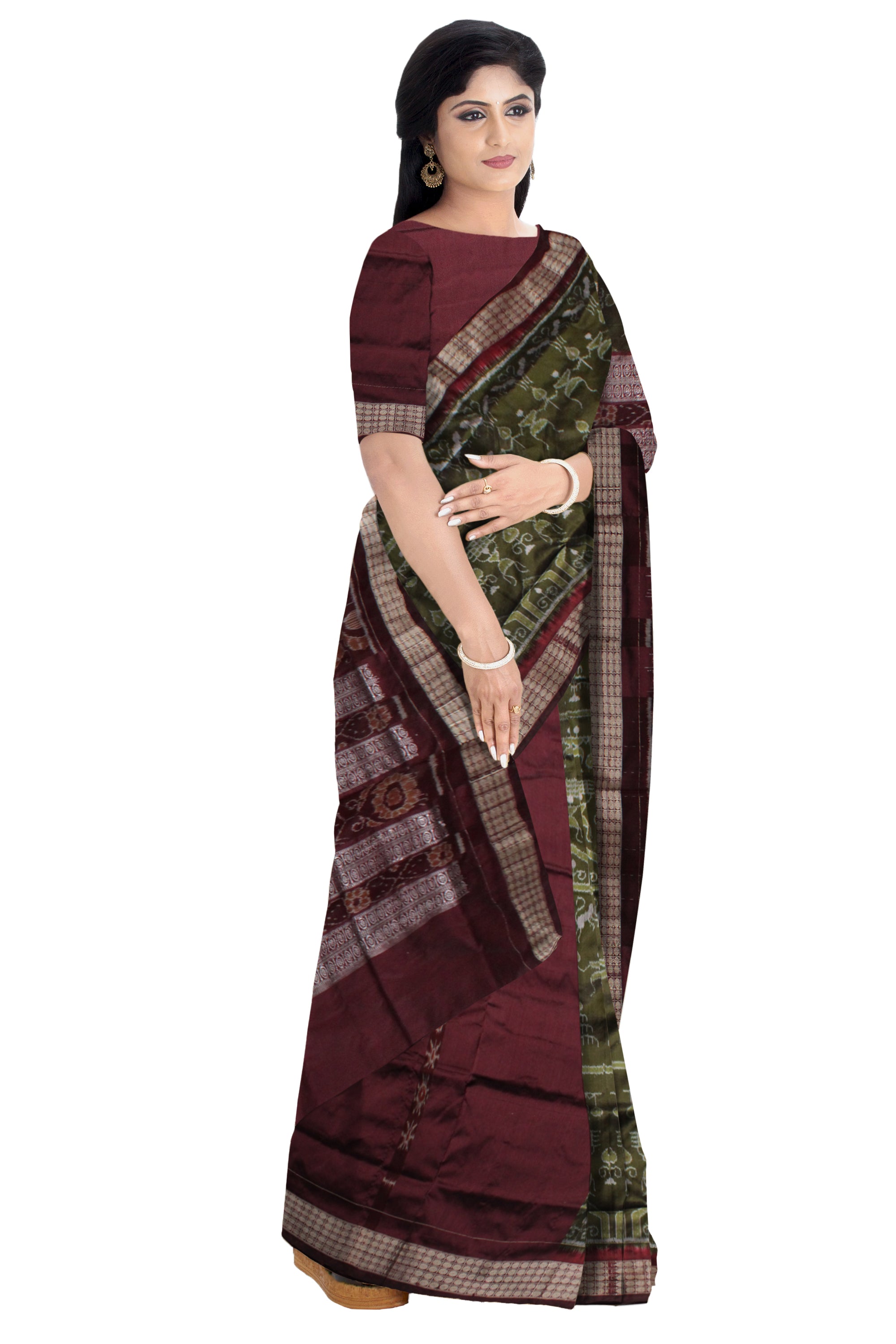 MEHENDI AND COFFEE COLOR TERRACOTTA PATTERN PATLI PATA SAREE,COMES WITH MATCHING BLOUSE PIECE. - Koshali Arts & Crafts Enterprise