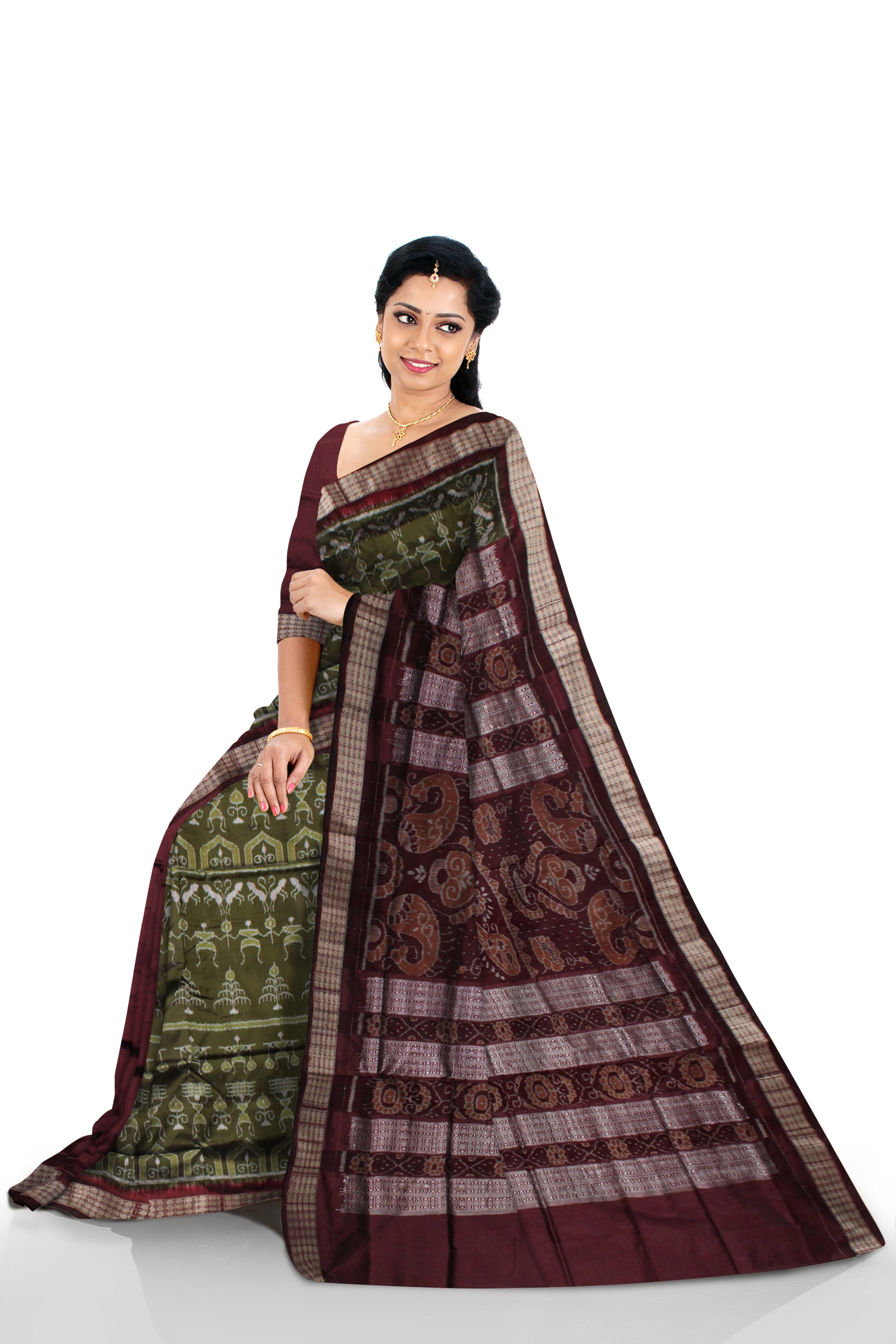 MEHENDI AND COFFEE COLOR TERRACOTTA PATTERN PATLI PATA SAREE,COMES WITH MATCHING BLOUSE PIECE. - Koshali Arts & Crafts Enterprise