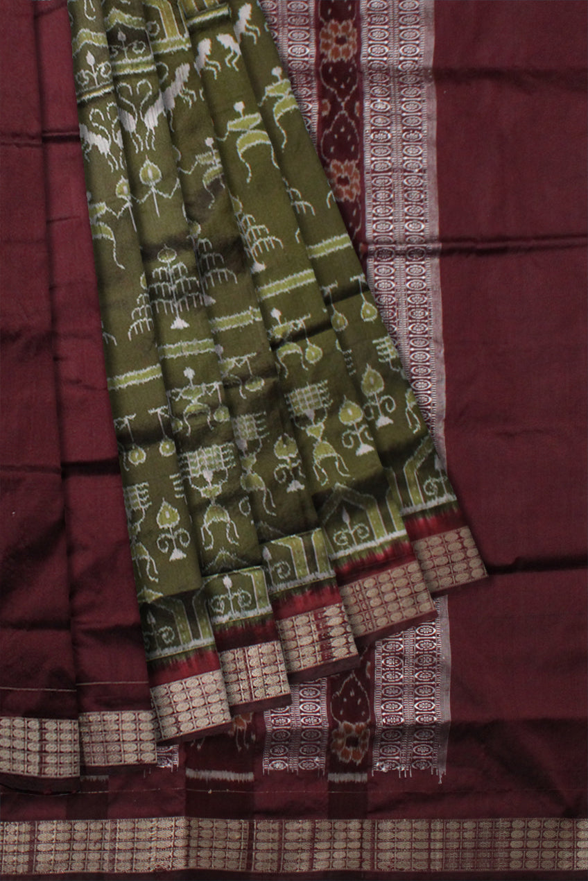 MEHENDI AND COFFEE COLOR TERRACOTTA PATTERN PATLI PATA SAREE,COMES WITH MATCHING BLOUSE PIECE. - Koshali Arts & Crafts Enterprise