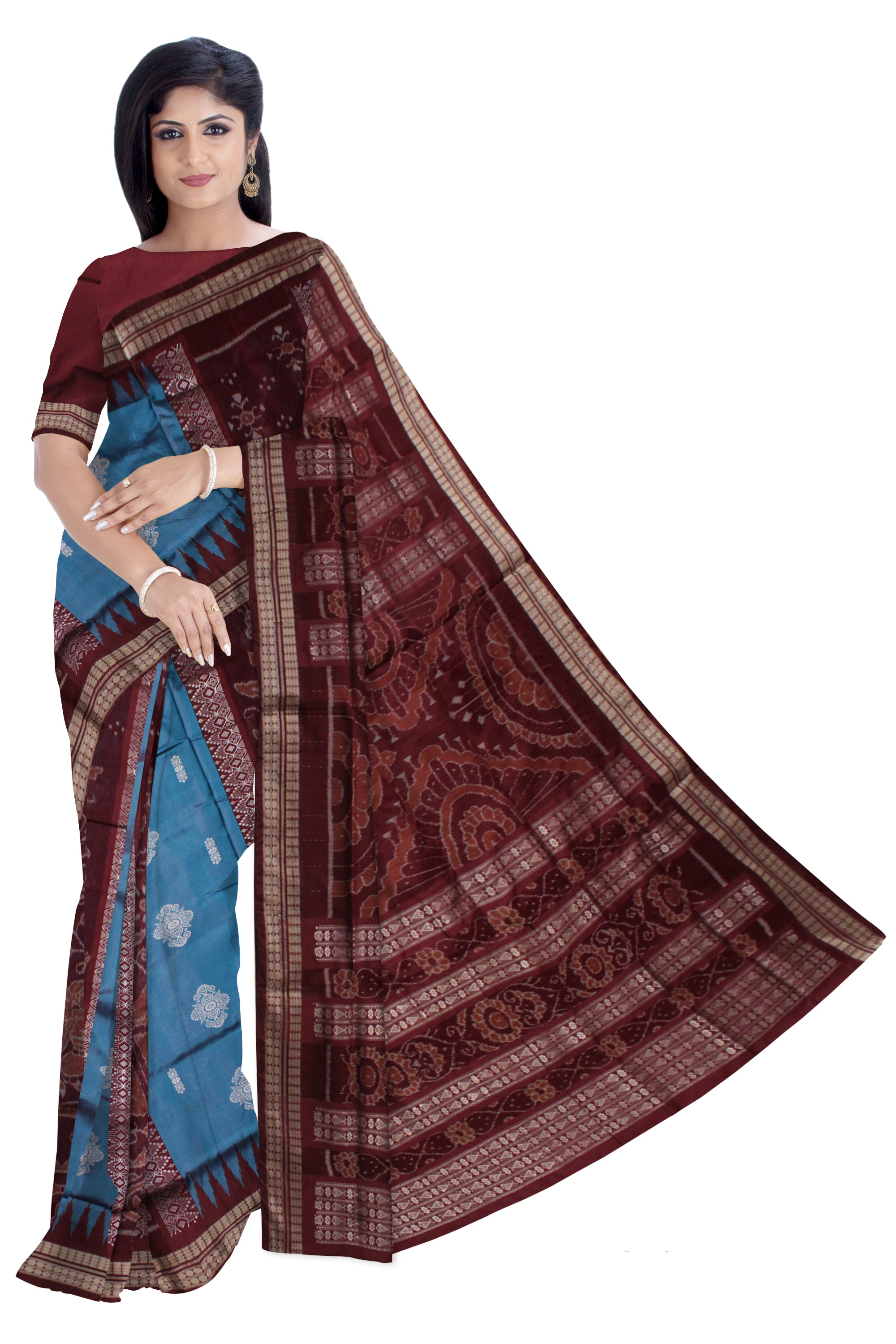 NARTAKI PATTERN SKY BLUE AND COFFEE COLOR BOMKEI PATA SAREE, WITH MATCHING BLOUSE PIECE. - Koshali Arts & Crafts Enterprise