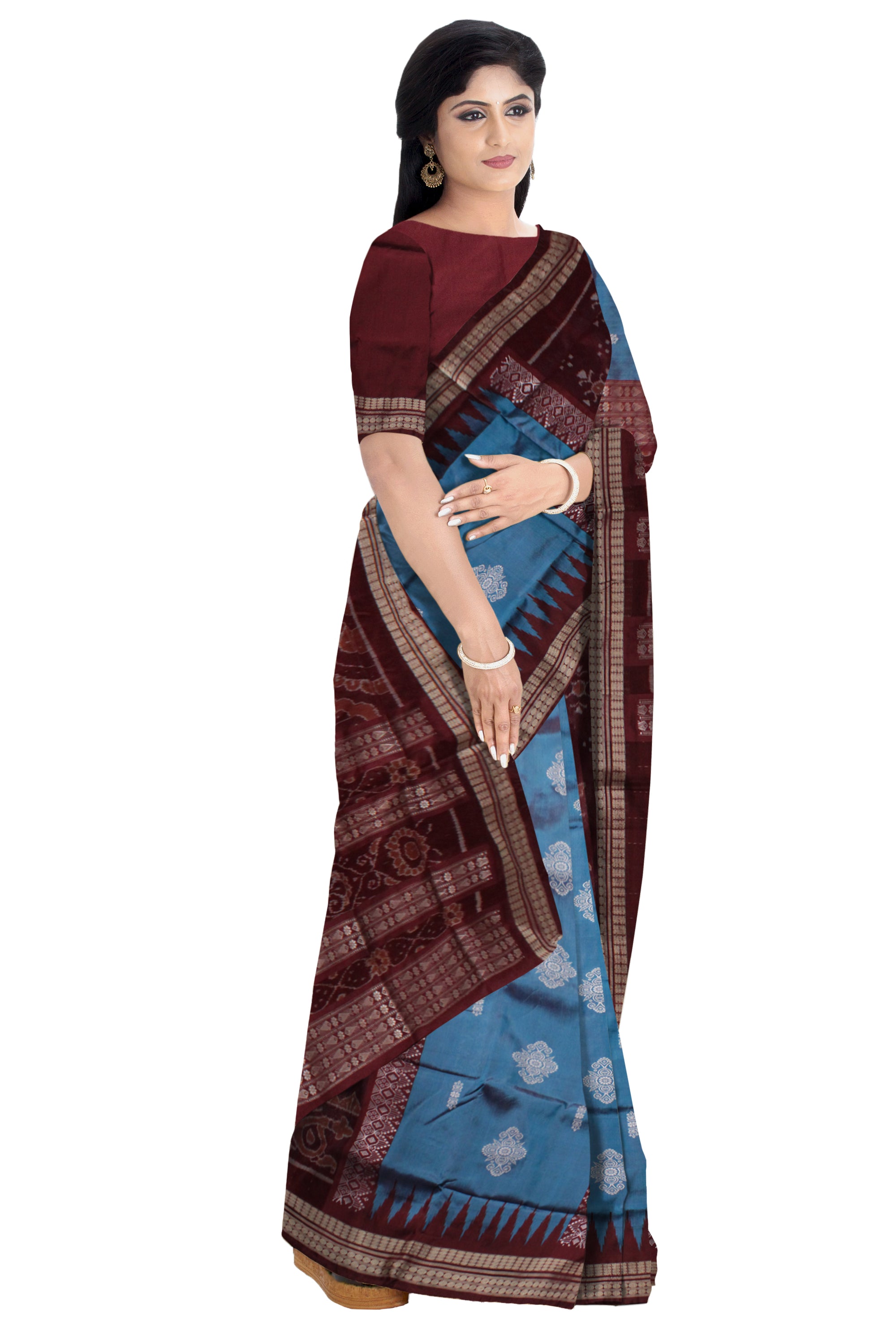 NARTAKI PATTERN SKY BLUE AND COFFEE COLOR BOMKEI PATA SAREE, WITH MATCHING BLOUSE PIECE. - Koshali Arts & Crafts Enterprise