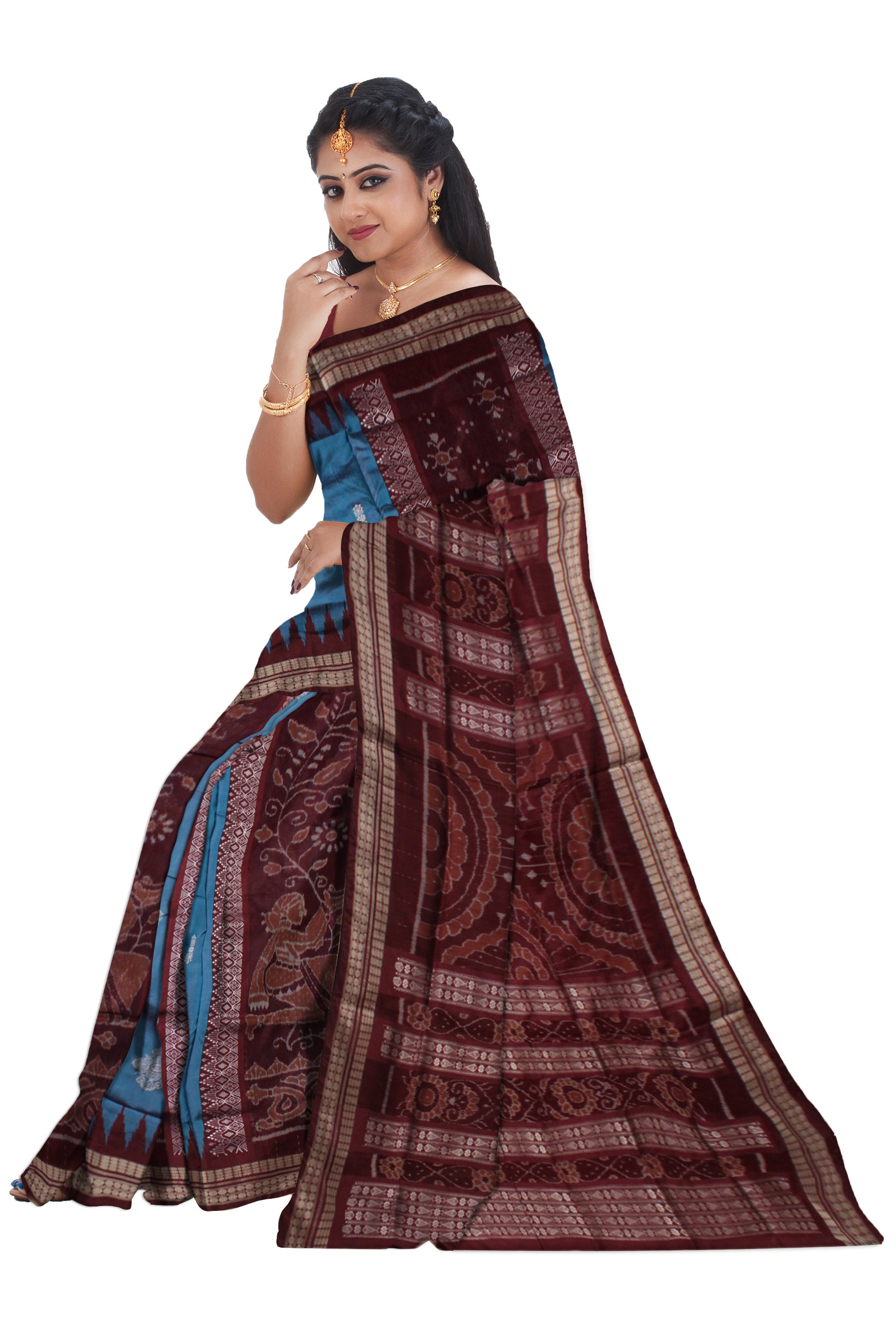 NARTAKI PATTERN SKY BLUE AND COFFEE COLOR BOMKEI PATA SAREE, WITH MATCHING BLOUSE PIECE. - Koshali Arts & Crafts Enterprise