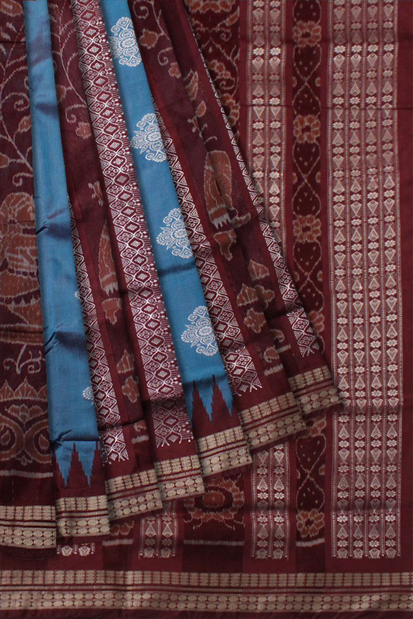 NARTAKI PATTERN SKY BLUE AND COFFEE COLOR BOMKEI PATA SAREE, WITH MATCHING BLOUSE PIECE. - Koshali Arts & Crafts Enterprise