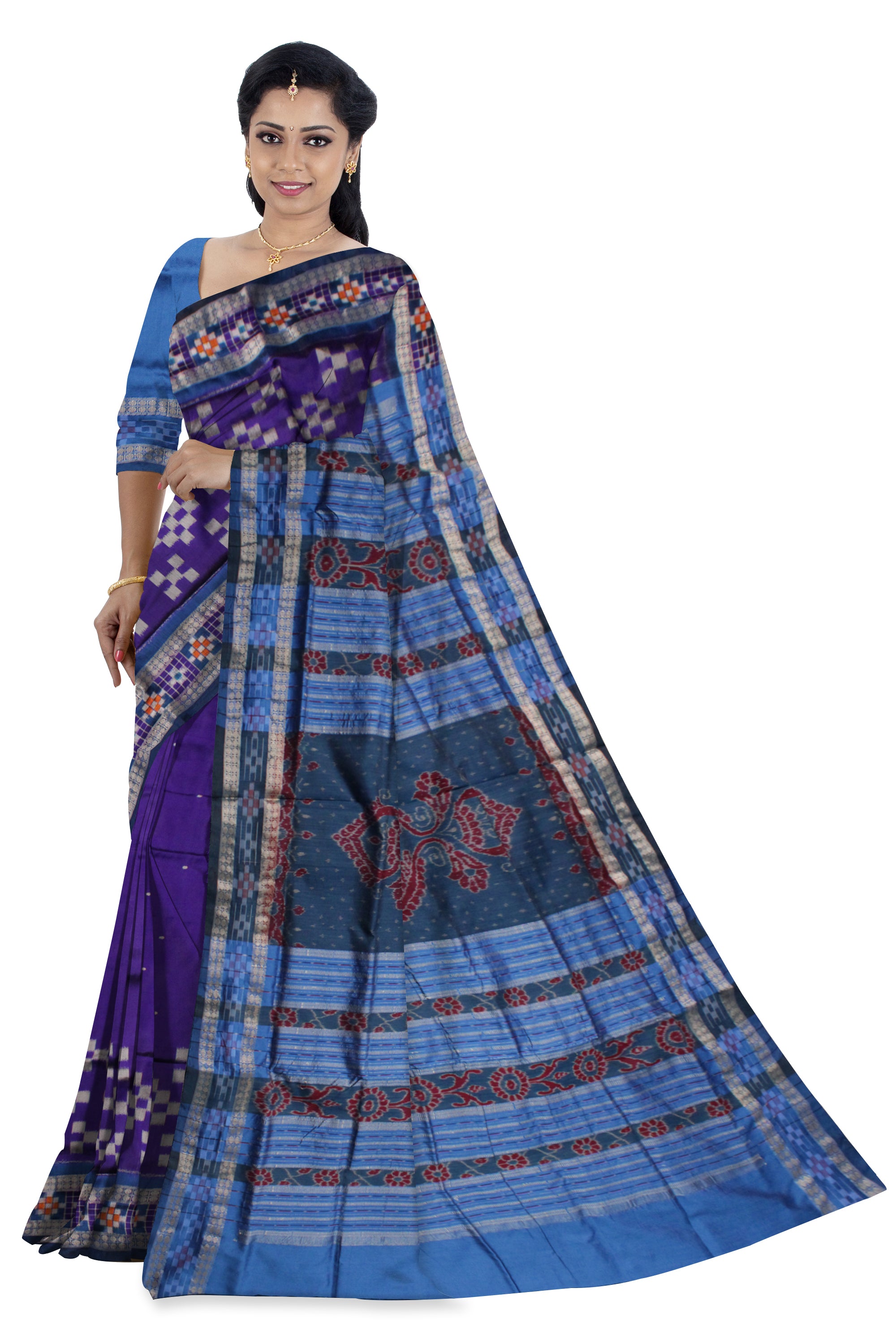 PURPLE AND SKY COLOR DESIGN DHADI SAPTA PATA SAREE,COMES WITH MATCHING BLOUSE PIECE. - Koshali Arts & Crafts Enterprise