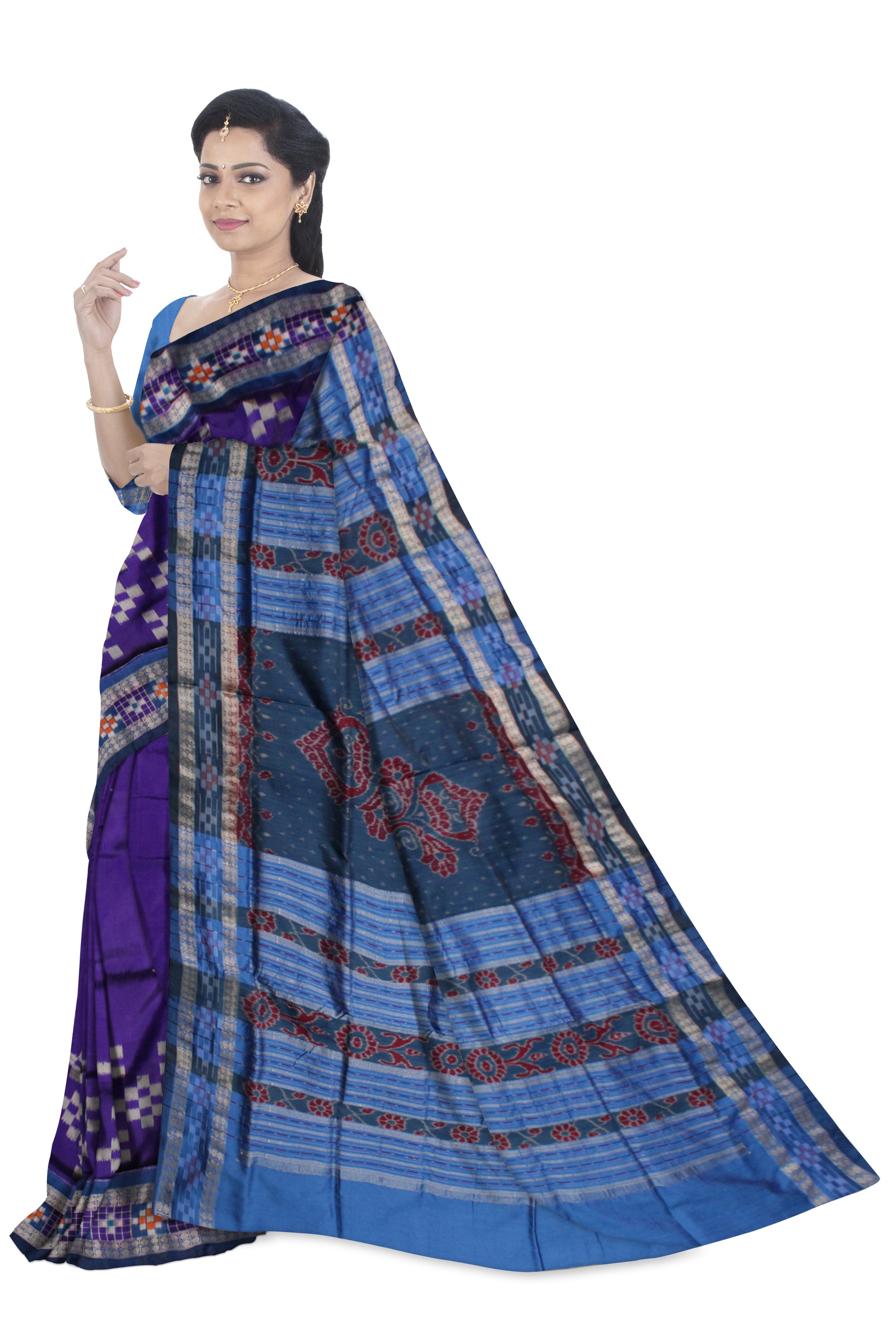 PURPLE AND SKY COLOR DESIGN DHADI SAPTA PATA SAREE,COMES WITH MATCHING BLOUSE PIECE. - Koshali Arts & Crafts Enterprise