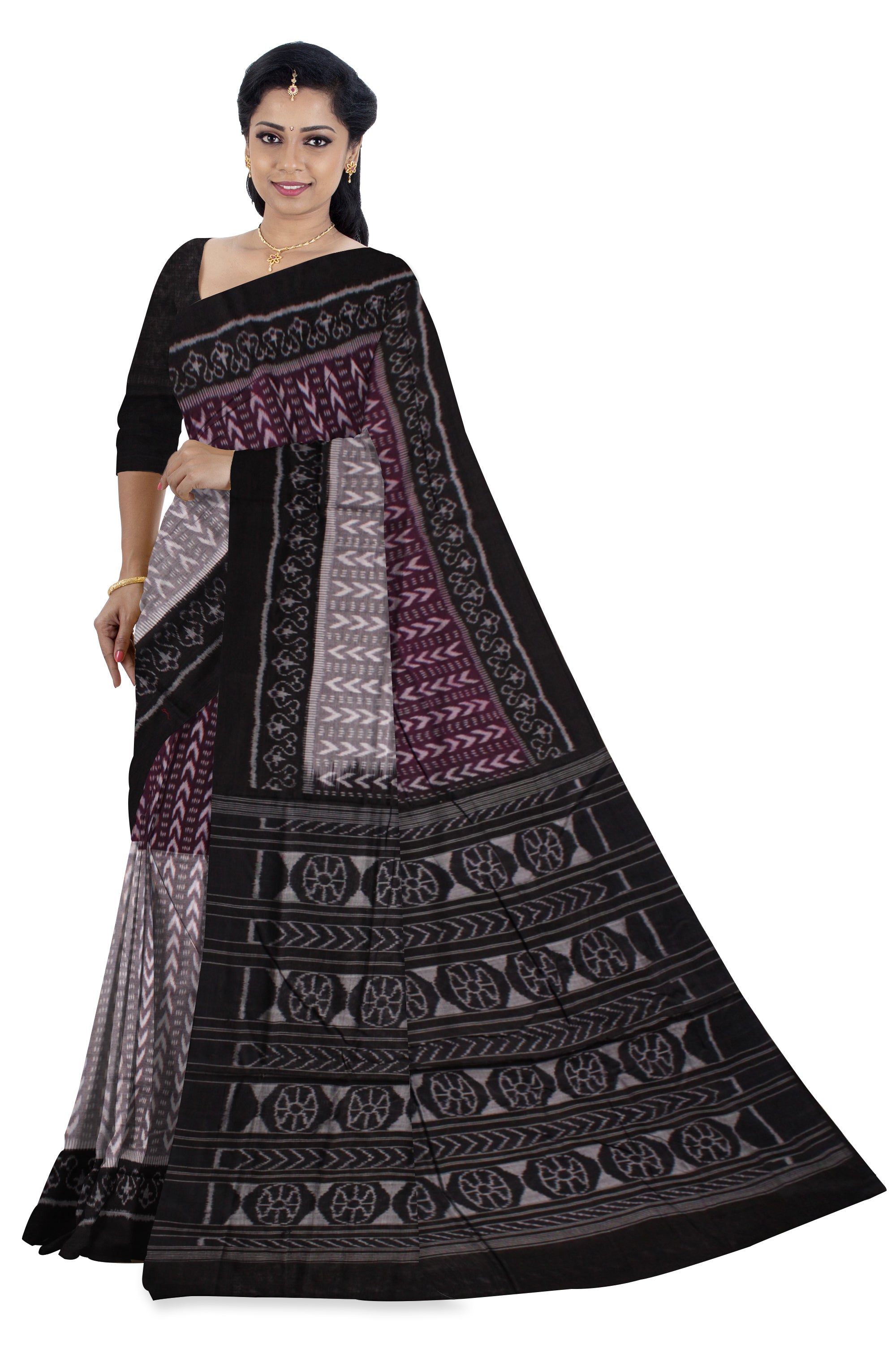 TRADITIONAL SAMBALPURI IKAT PATTERN COTTON SAREE IS GREY,COFFEE AND BLACK COLOR BASE,WITH MATCHING BLOUSE PIECE. - Koshali Arts & Crafts Enterprise