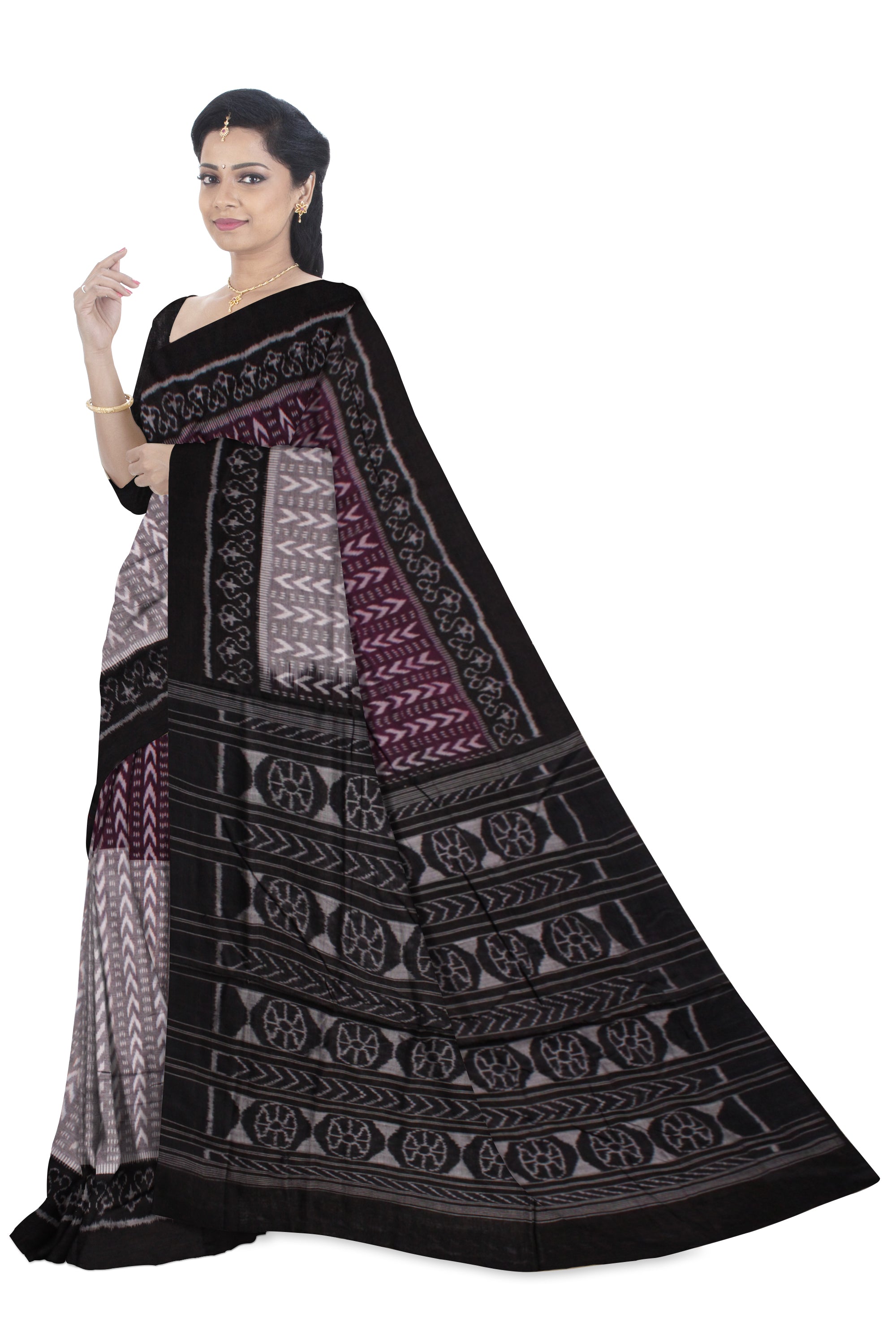 TRADITIONAL SAMBALPURI IKAT PATTERN COTTON SAREE IS GREY,COFFEE AND BLACK COLOR BASE,WITH MATCHING BLOUSE PIECE. - Koshali Arts & Crafts Enterprise