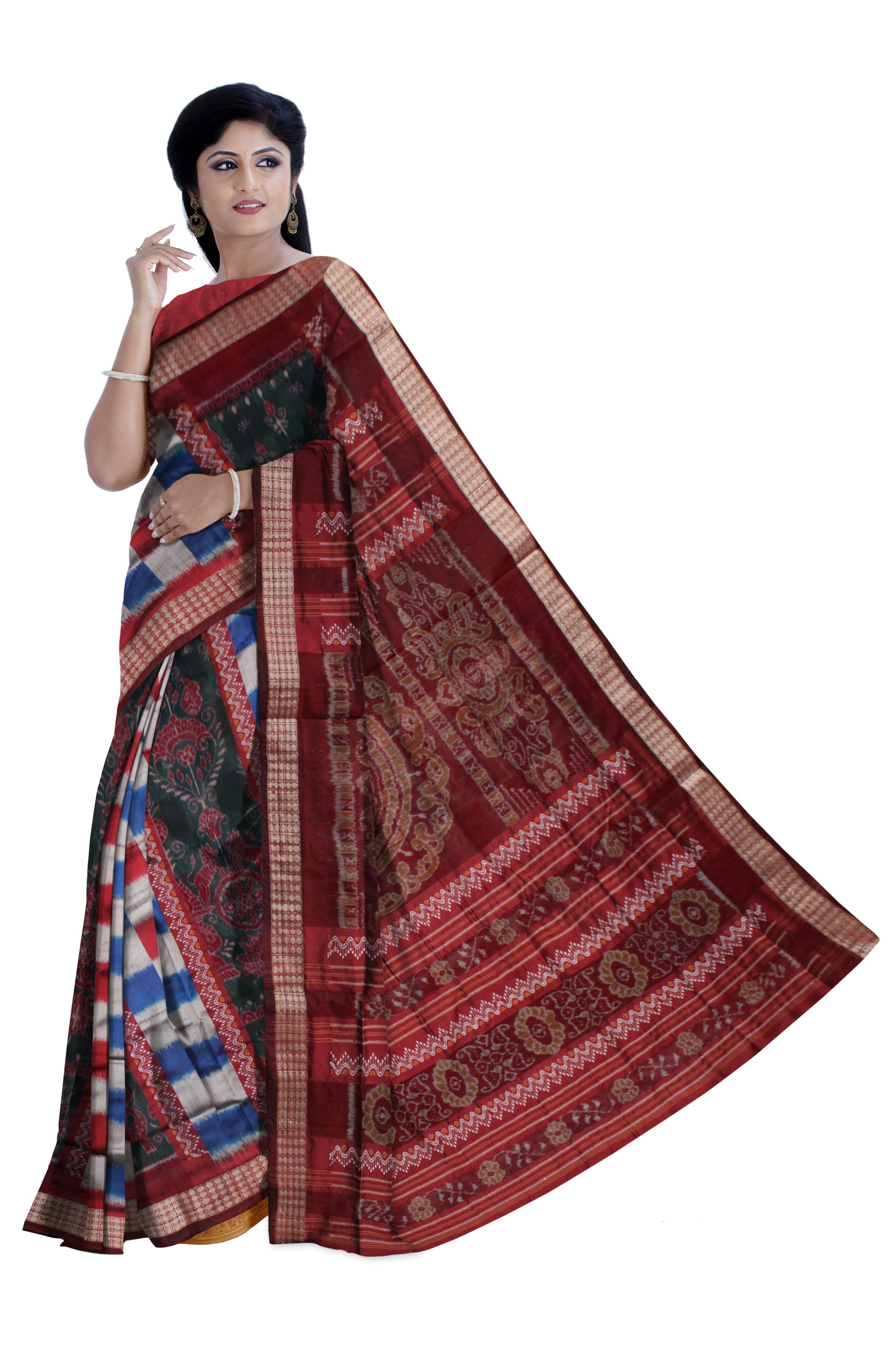 PASAPALI WITH BANDHA PATTERN BOMKEI PATA SAREE IS SKY BLUE AND MAROON COLOR BASE,WITH BLOUSE PIECE. - Koshali Arts & Crafts Enterprise