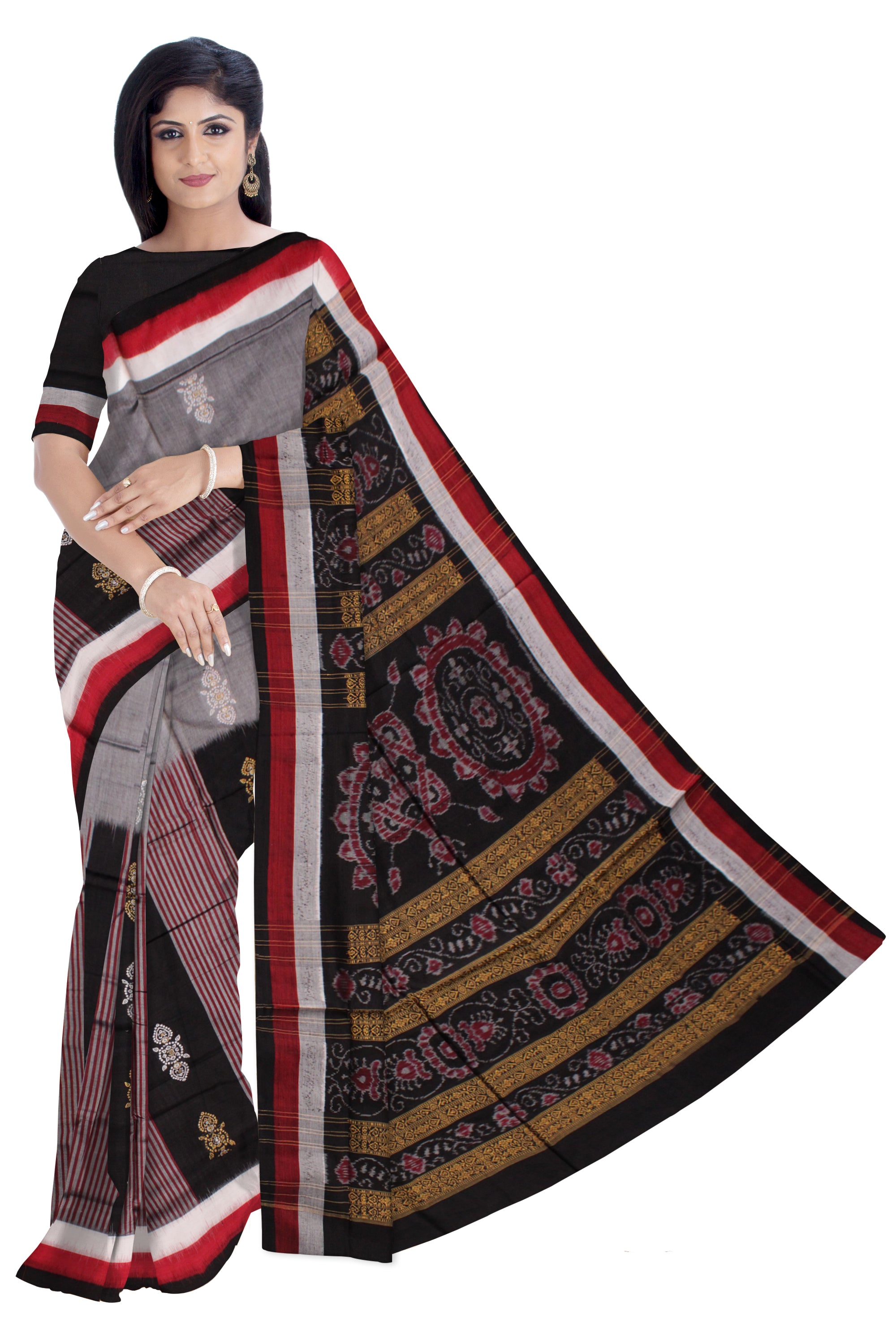 GREY & BLACK COLOR SAMBALPURI COTTON SAREE, WITH BLOUSE PIECE. - Koshali Arts & Crafts Enterprise