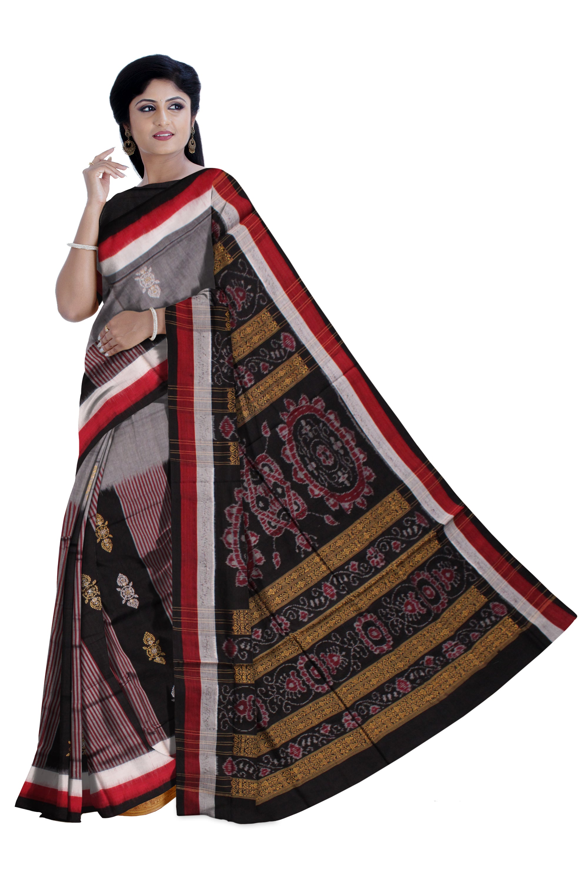 GREY & BLACK COLOR SAMBALPURI COTTON SAREE, WITH BLOUSE PIECE. - Koshali Arts & Crafts Enterprise