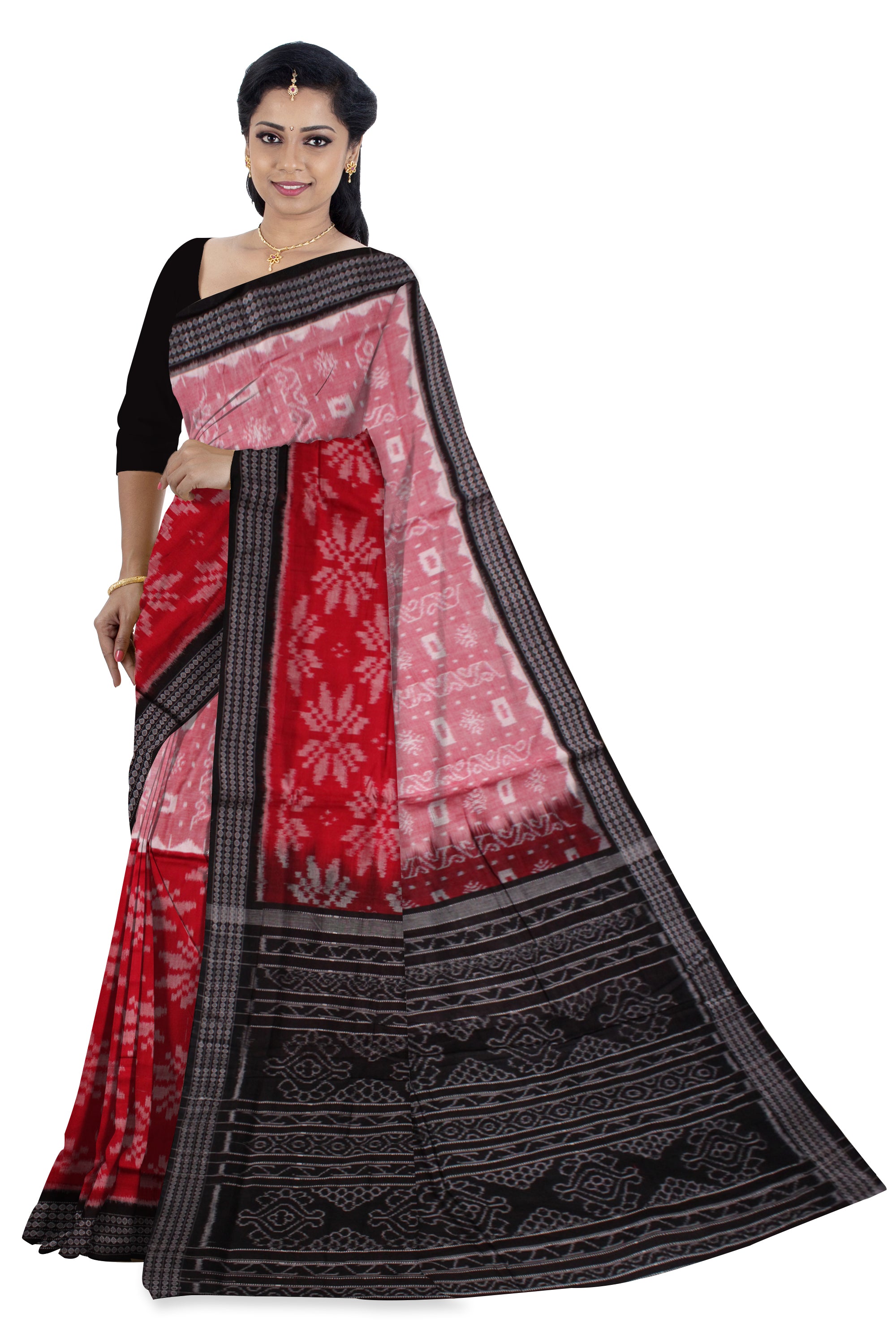 RED,LIGHT PINK AND BLACK COLOR FLOWER PATTERN PURE COTTON SAREE,WITHOUT BLOUSE PIECE. - Koshali Arts & Crafts Enterprise