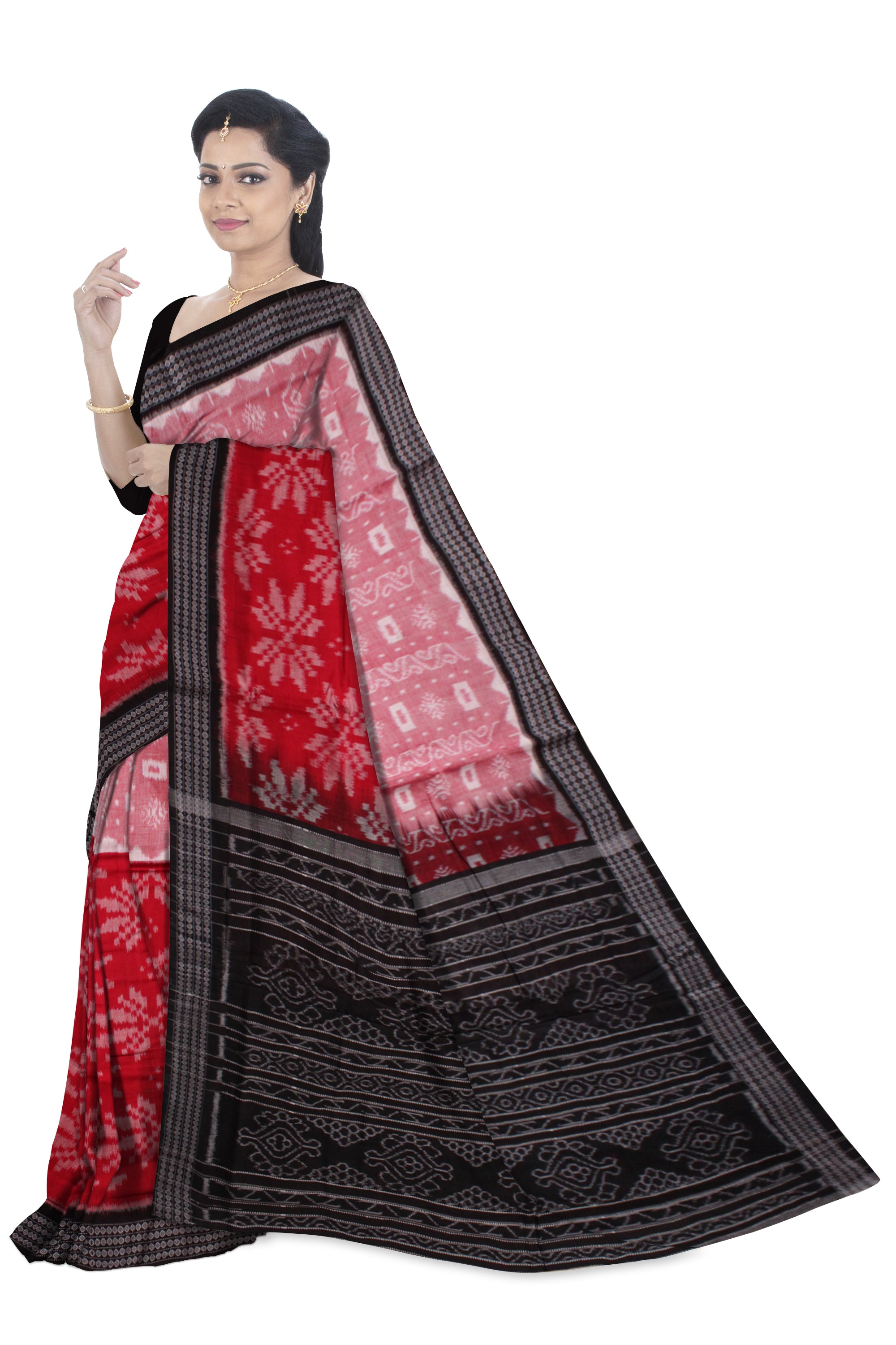 RED,LIGHT PINK AND BLACK COLOR FLOWER PATTERN PURE COTTON SAREE,WITHOUT BLOUSE PIECE. - Koshali Arts & Crafts Enterprise