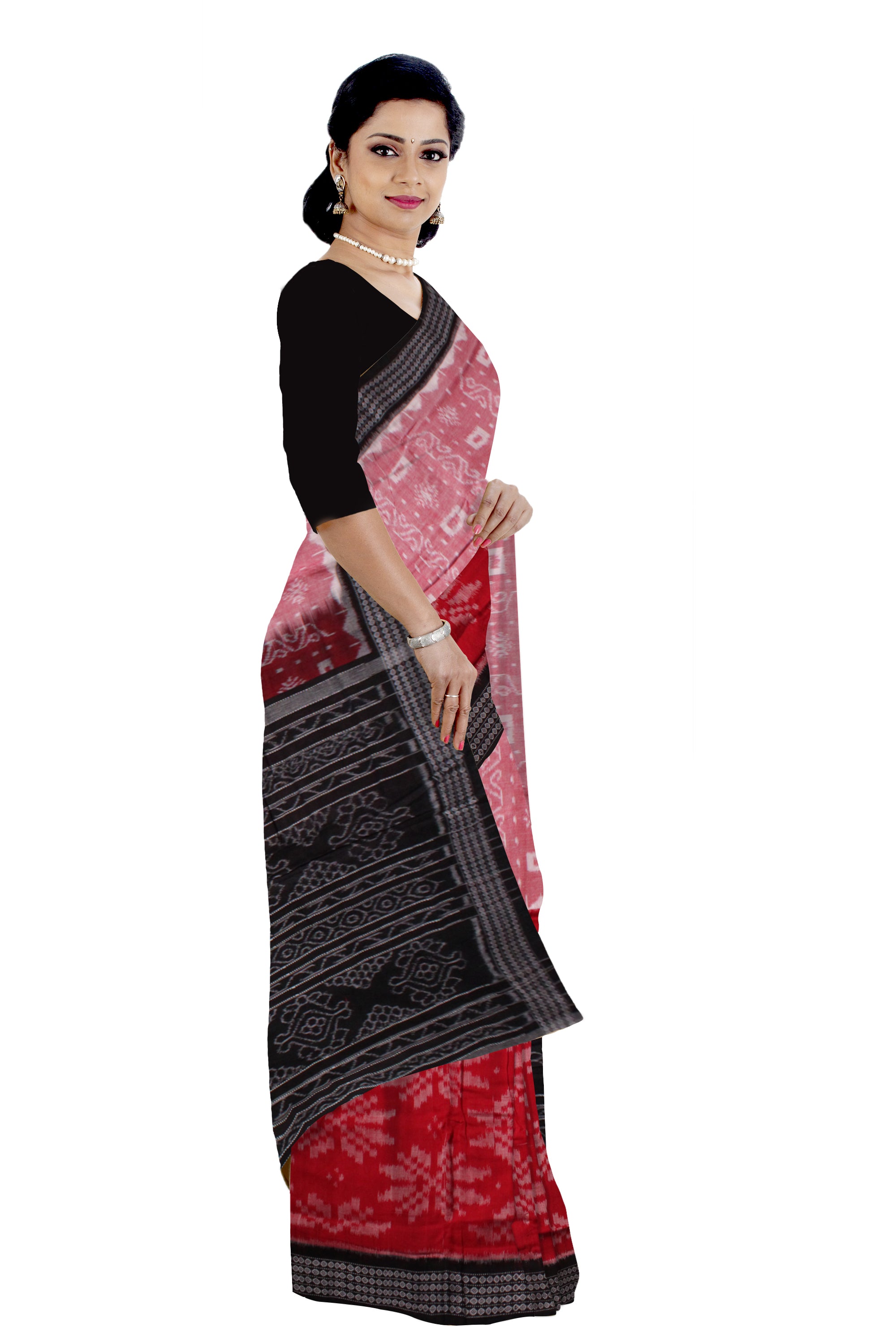 RED,LIGHT PINK AND BLACK COLOR FLOWER PATTERN PURE COTTON SAREE,WITHOUT BLOUSE PIECE. - Koshali Arts & Crafts Enterprise