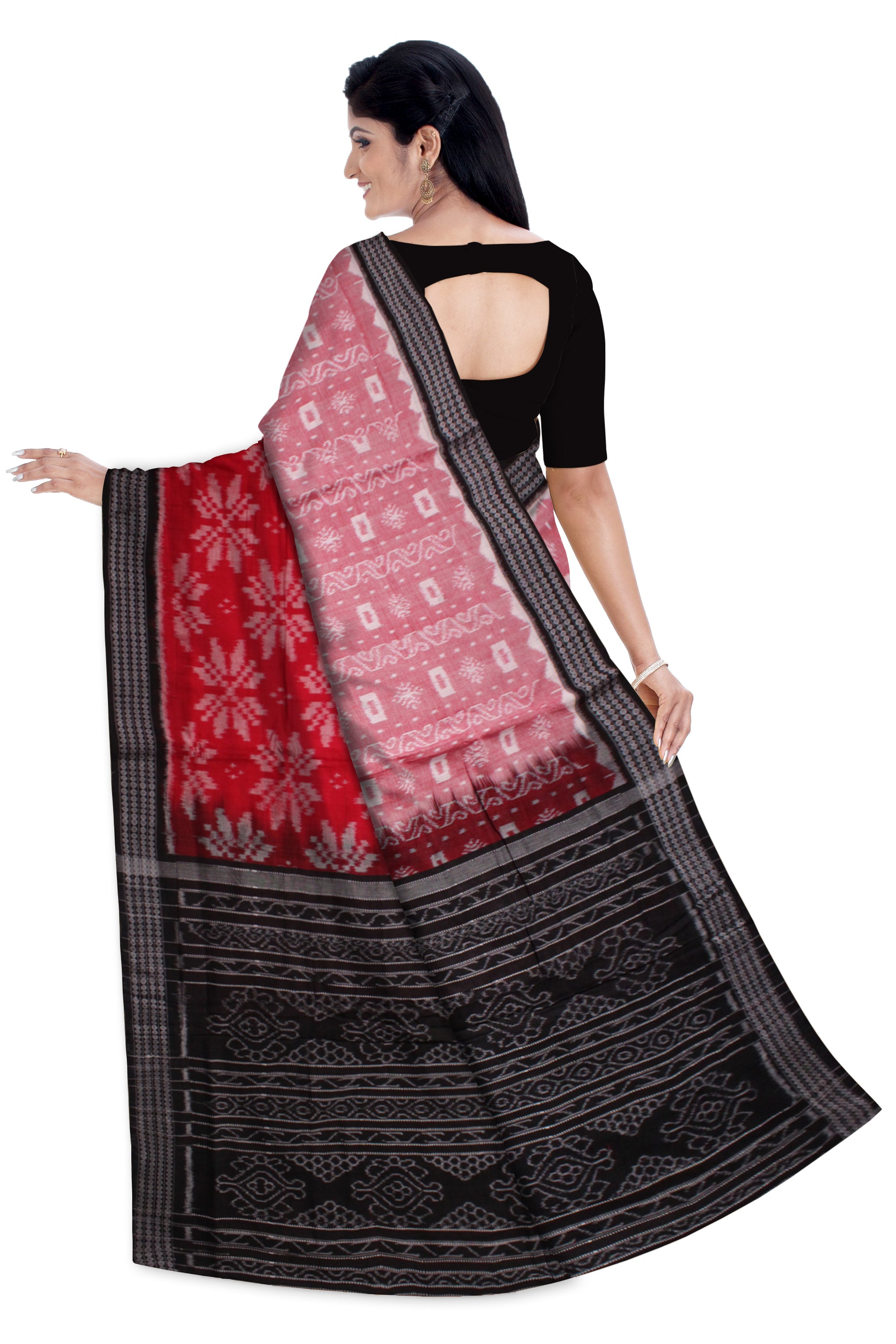 RED,LIGHT PINK AND BLACK COLOR FLOWER PATTERN PURE COTTON SAREE,WITHOUT BLOUSE PIECE. - Koshali Arts & Crafts Enterprise