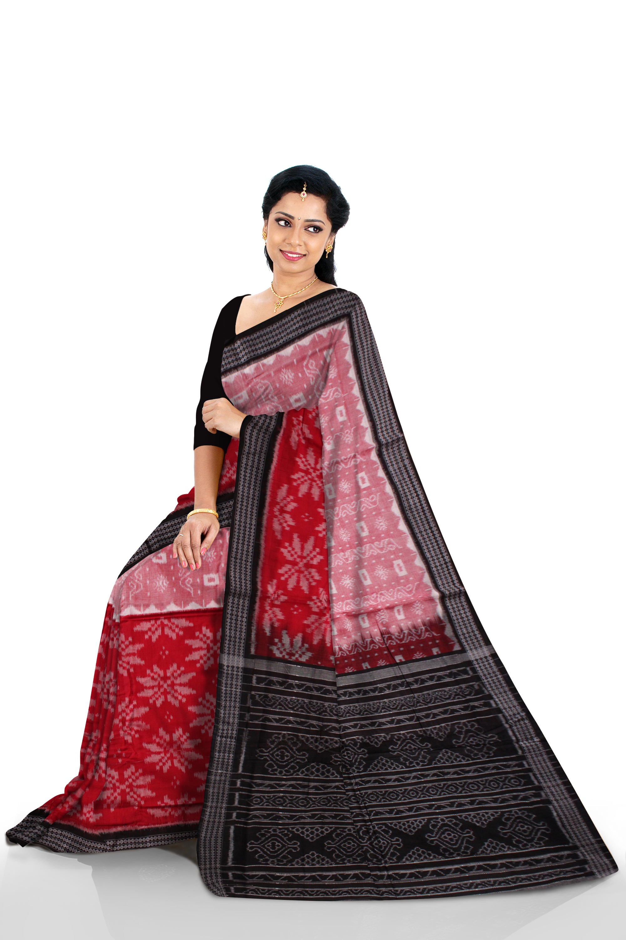 RED,LIGHT PINK AND BLACK COLOR FLOWER PATTERN PURE COTTON SAREE,WITHOUT BLOUSE PIECE. - Koshali Arts & Crafts Enterprise