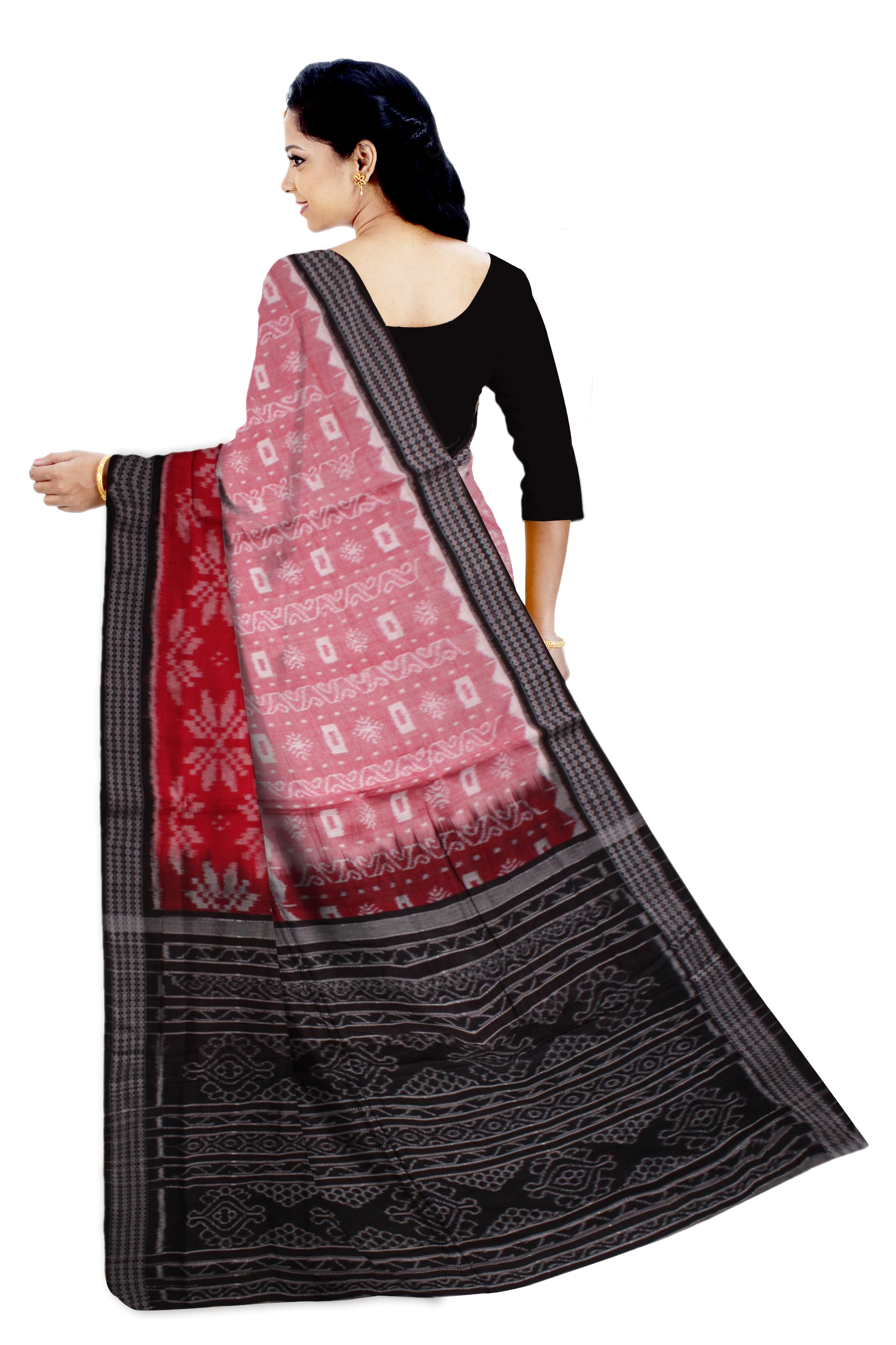 RED,LIGHT PINK AND BLACK COLOR FLOWER PATTERN PURE COTTON SAREE,WITHOUT BLOUSE PIECE. - Koshali Arts & Crafts Enterprise