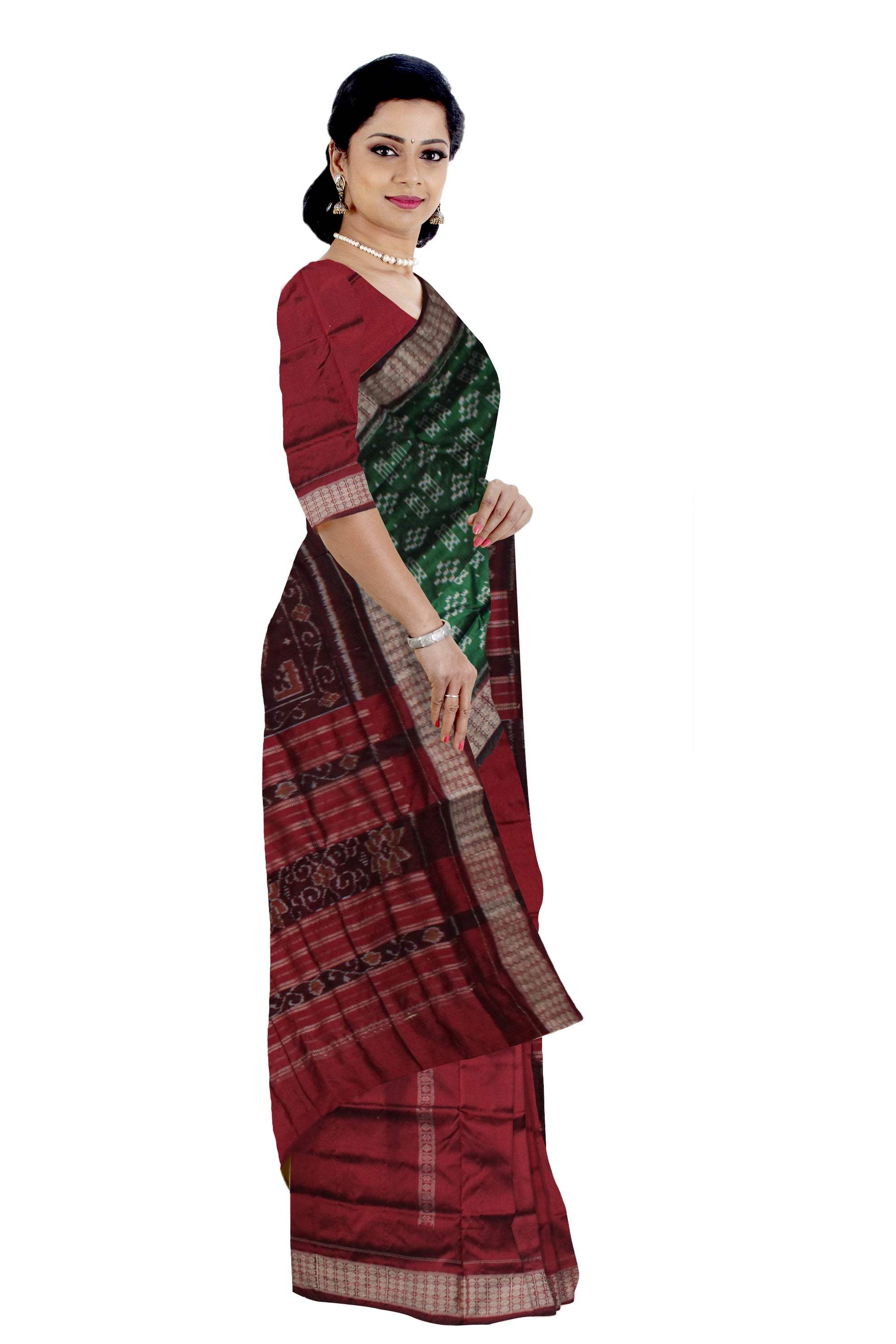 HALF BODY PASAPALI WORK PATLI PATA SAREE IS GREEN AND MAROON COLOR BASE,WITH BLOUSE PIECE. - Koshali Arts & Crafts Enterprise