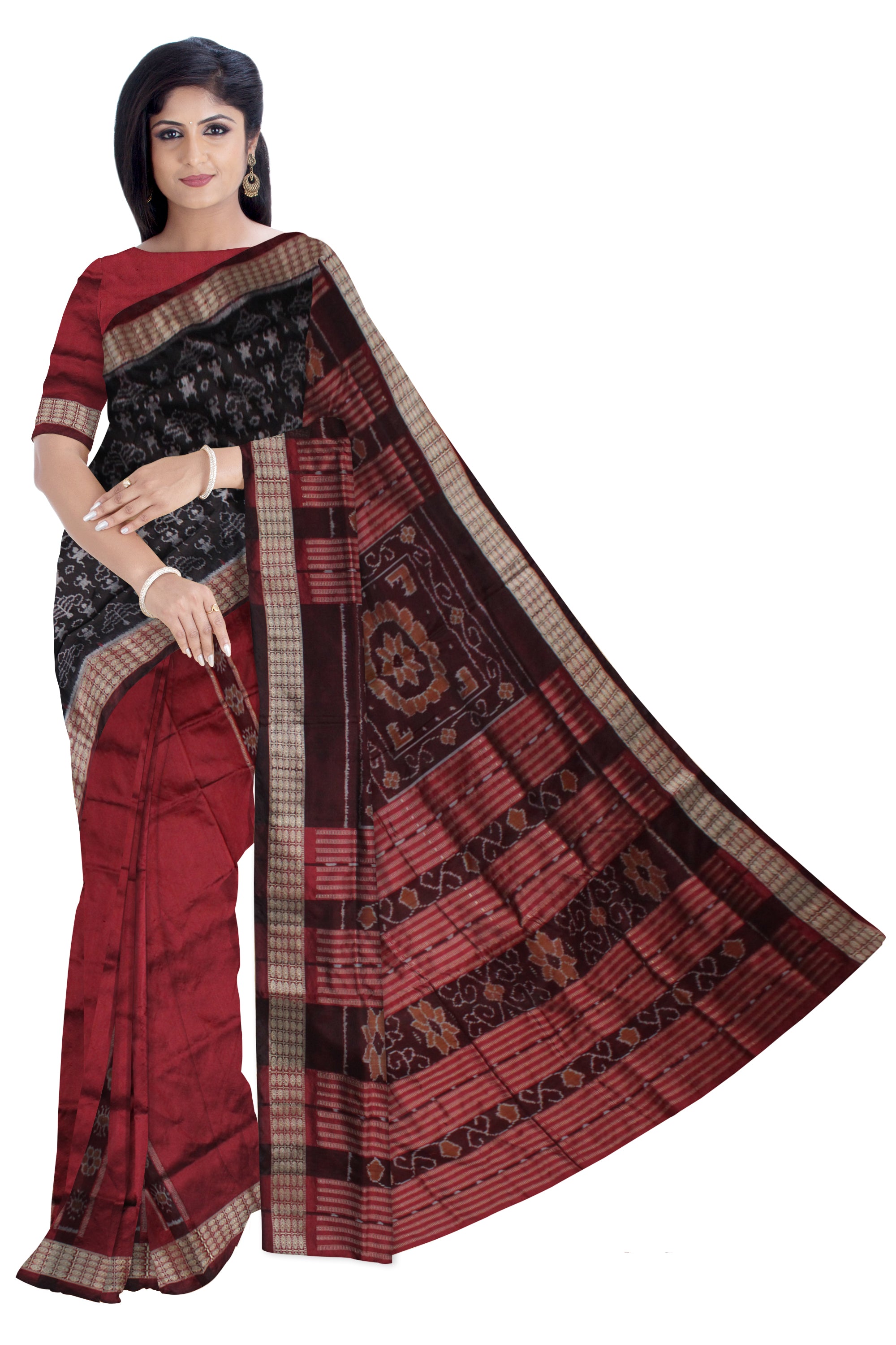 TERRACOTTA PATTERN PATLI PATA SAREE IS BLACK AND MAROON COLOR BASE,COMES WITH MATCHING BLOUSE PIECE. - Koshali Arts & Crafts Enterprise