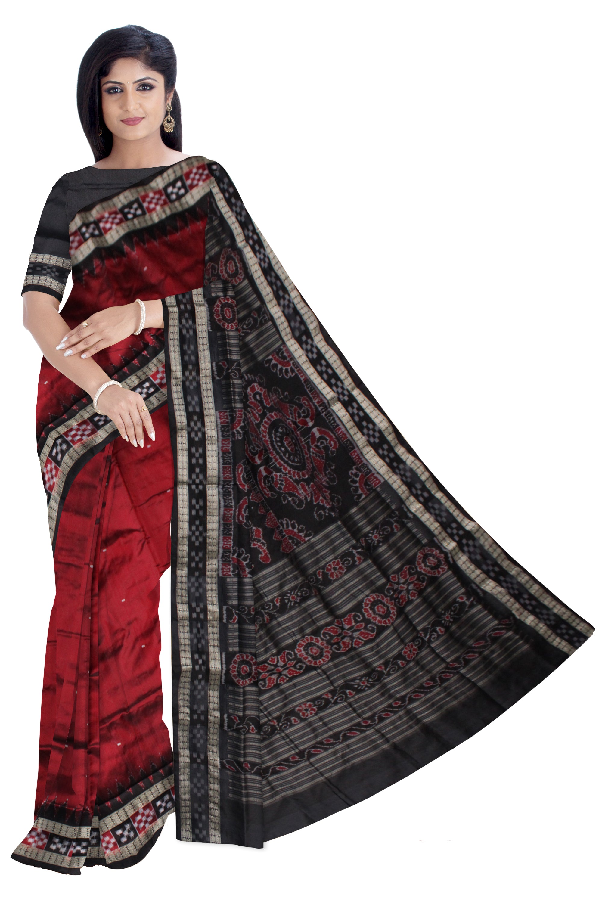 MAROON AND BLACK DHADI PASAPALI PATA SAREE,WITH MATCHING BLOUSE PIECE. - Koshali Arts & Crafts Enterprise