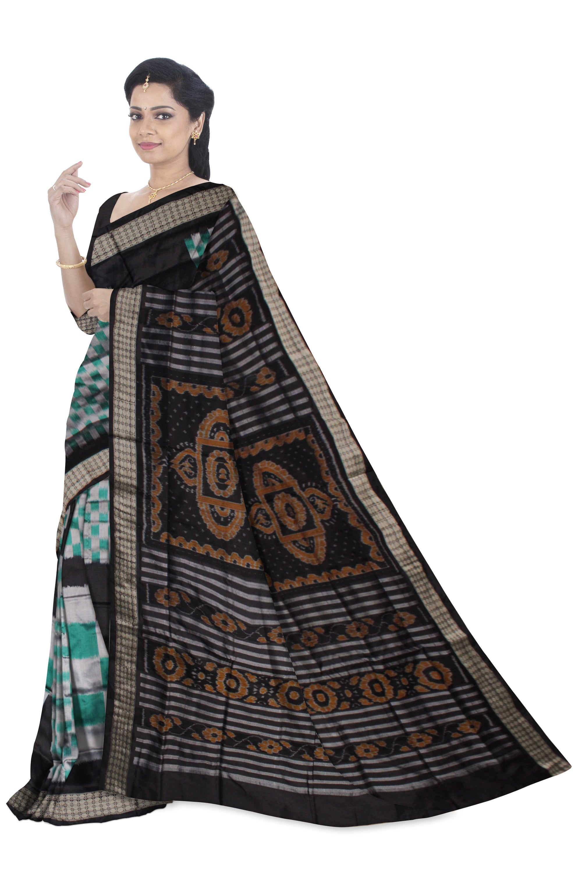 TURQUOISE AND BLACK COLOR BIG PASAPALI PATTERN PATA SAREE,ATTACHED WITH MATCHING BLOUSE PIECE. - Koshali Arts & Crafts Enterprise