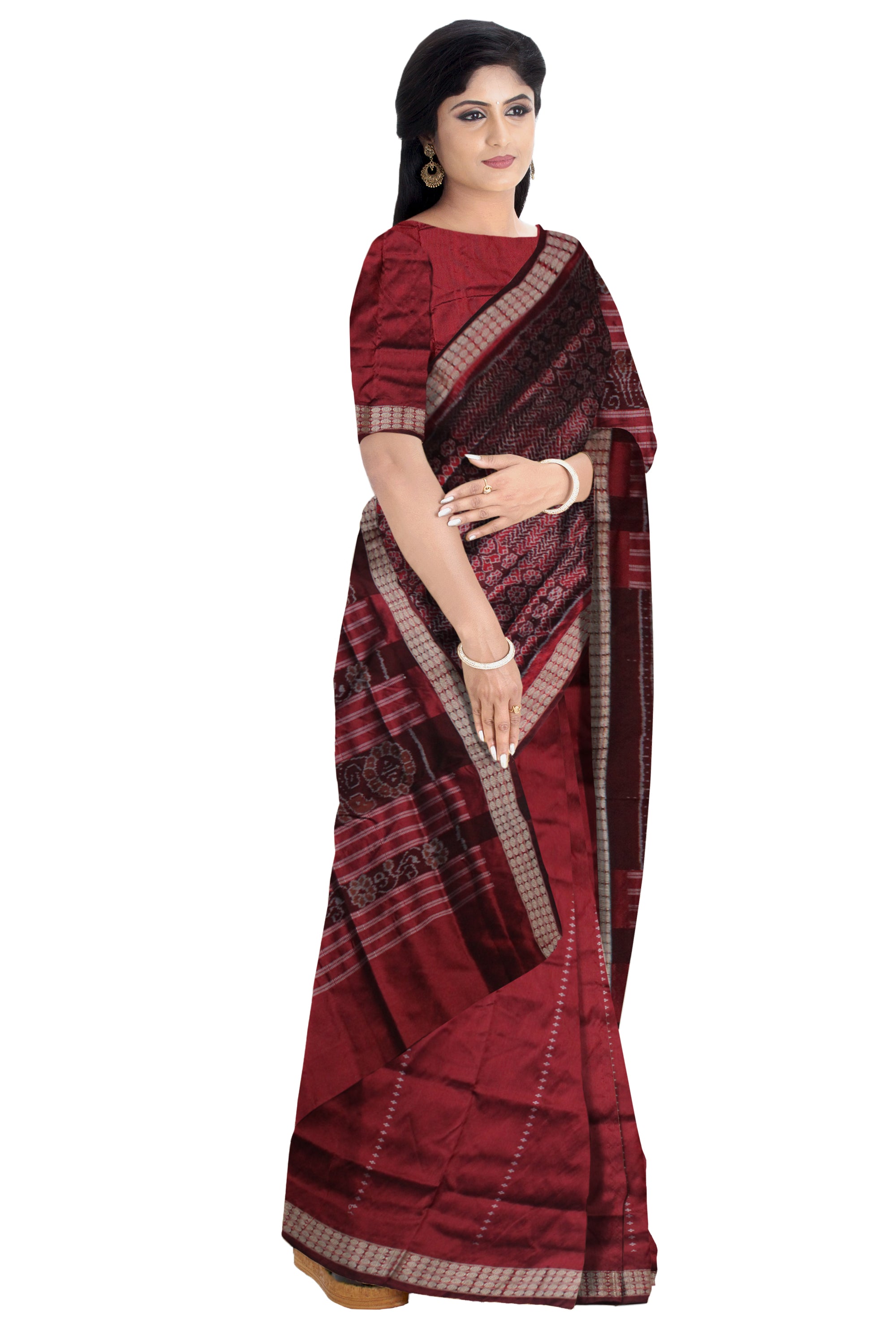 IKAT WITH SMALL FLOWER PATTERN PATLI PATA SAREE IS MAROON COLOR, WITH MATCHING BLOUSE PIECE. - Koshali Arts & Crafts Enterprise