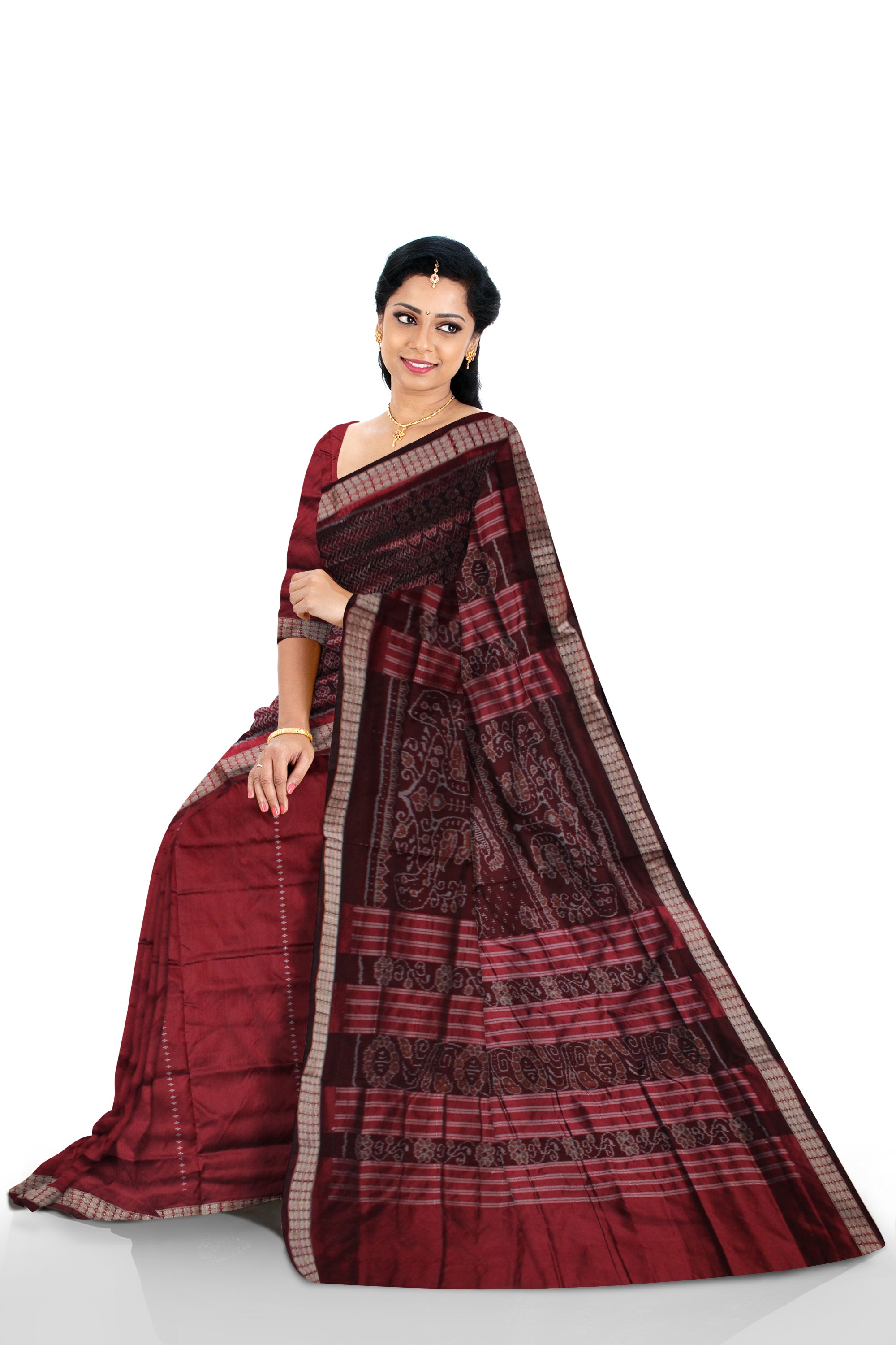 IKAT WITH SMALL FLOWER PATTERN PATLI PATA SAREE IS MAROON COLOR, WITH MATCHING BLOUSE PIECE. - Koshali Arts & Crafts Enterprise