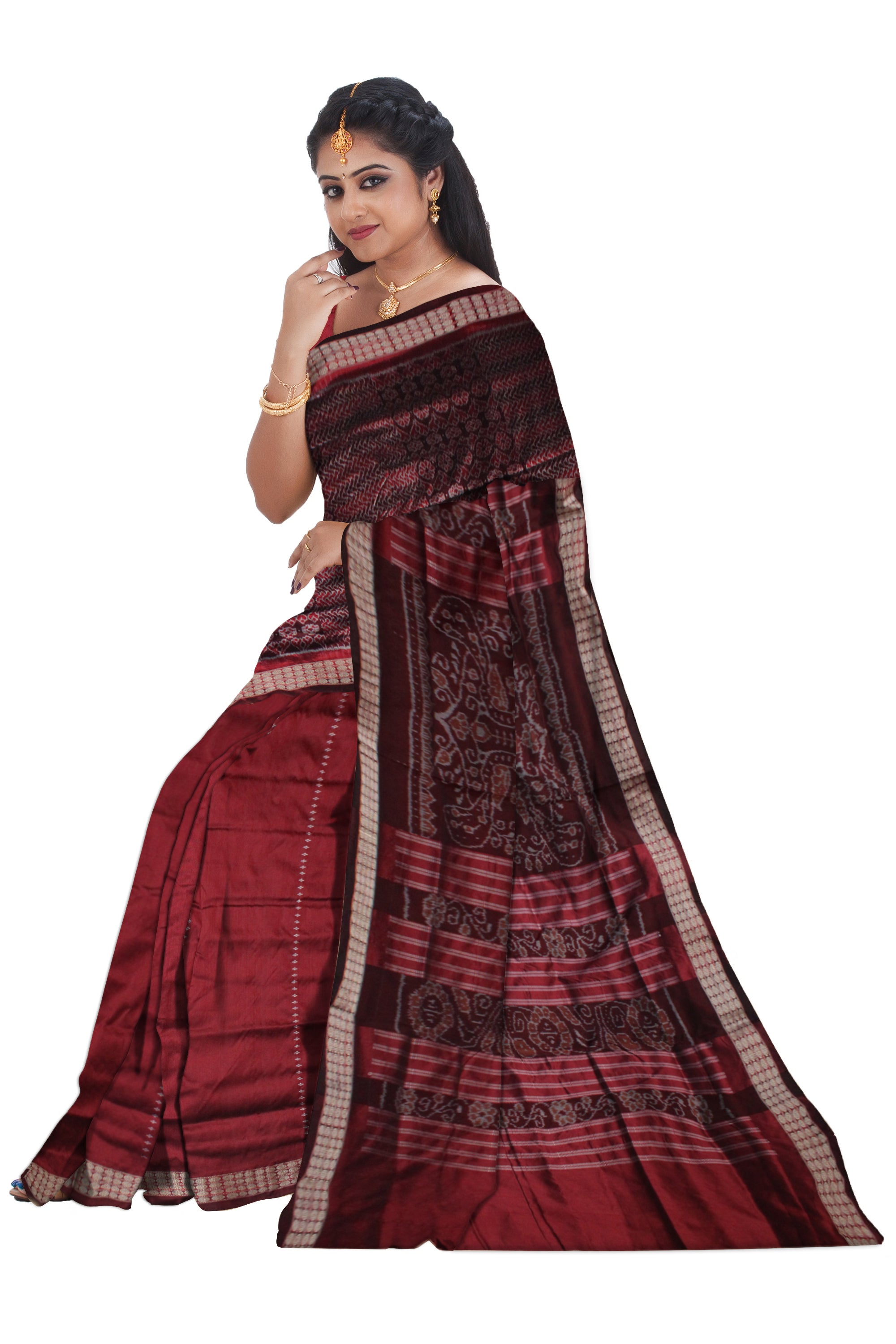 IKAT WITH SMALL FLOWER PATTERN PATLI PATA SAREE IS MAROON COLOR, WITH MATCHING BLOUSE PIECE. - Koshali Arts & Crafts Enterprise
