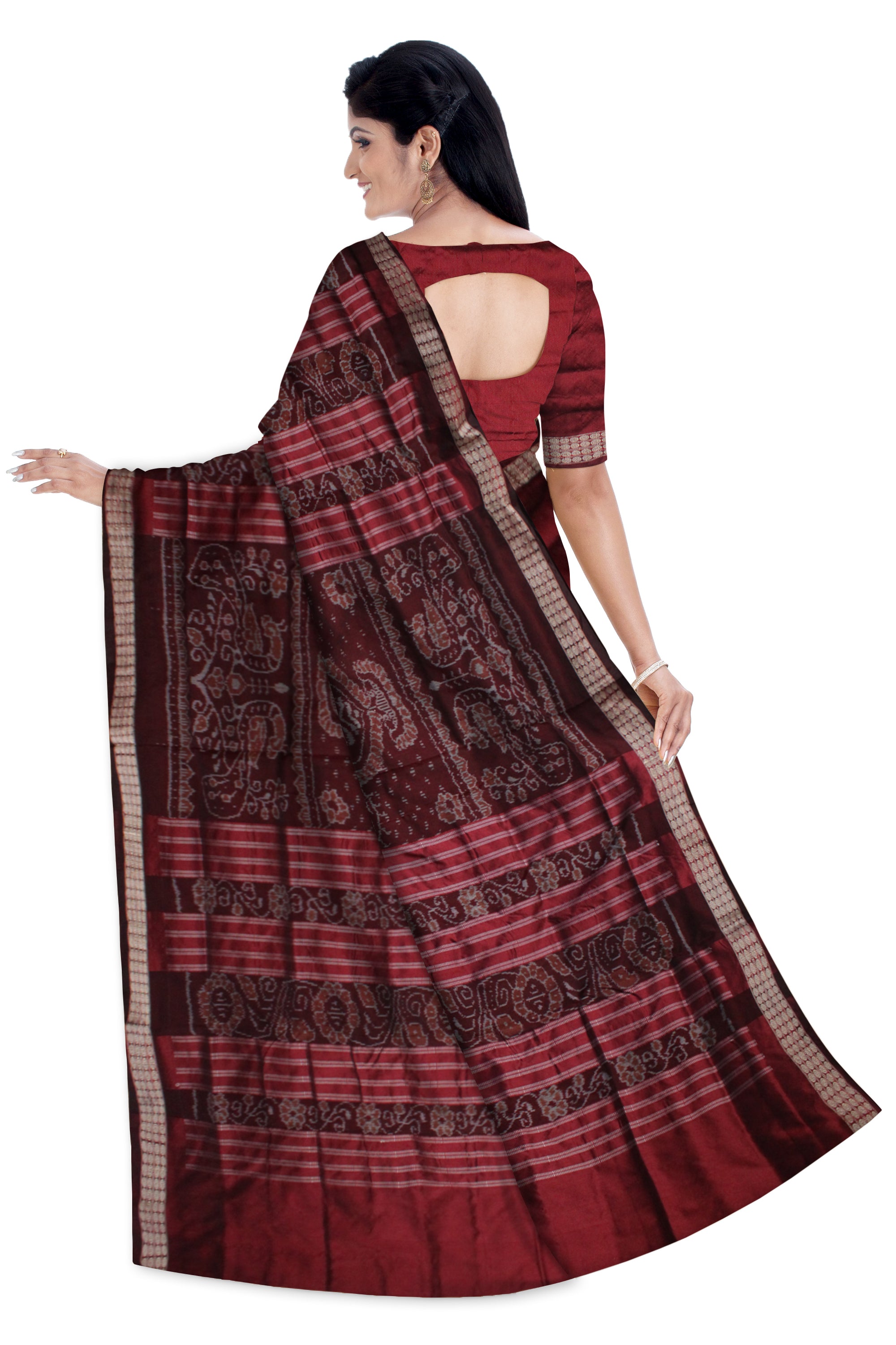 IKAT WITH SMALL FLOWER PATTERN PATLI PATA SAREE IS MAROON COLOR, WITH MATCHING BLOUSE PIECE. - Koshali Arts & Crafts Enterprise