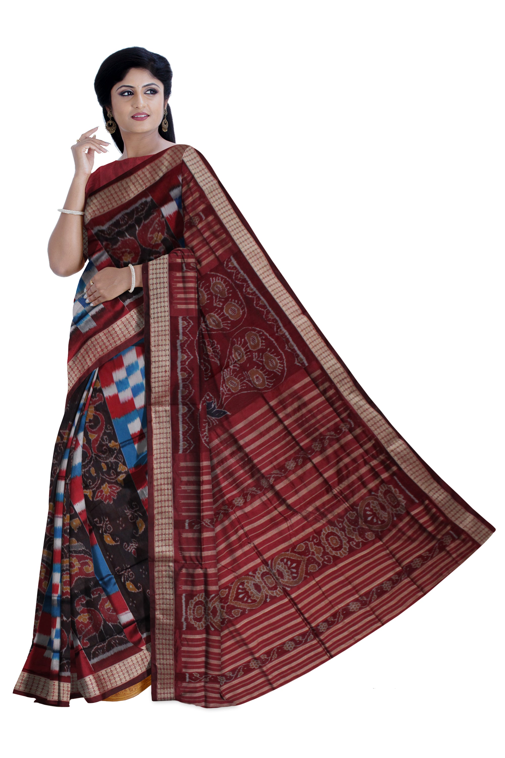 PASAPALI WITH BANDHA PATTERN PATA SAREE IS SKY BLUE AND MAROON COLOR BASE,WITH MATCHING BLOUSE PIECE. - Koshali Arts & Crafts Enterprise
