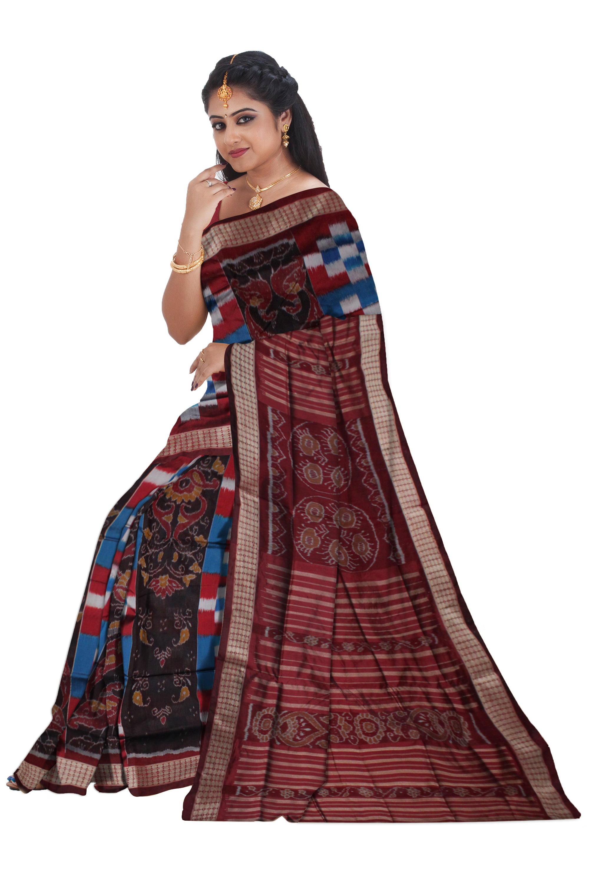 PASAPALI WITH BANDHA PATTERN PATA SAREE IS SKY BLUE AND MAROON COLOR BASE,WITH MATCHING BLOUSE PIECE. - Koshali Arts & Crafts Enterprise