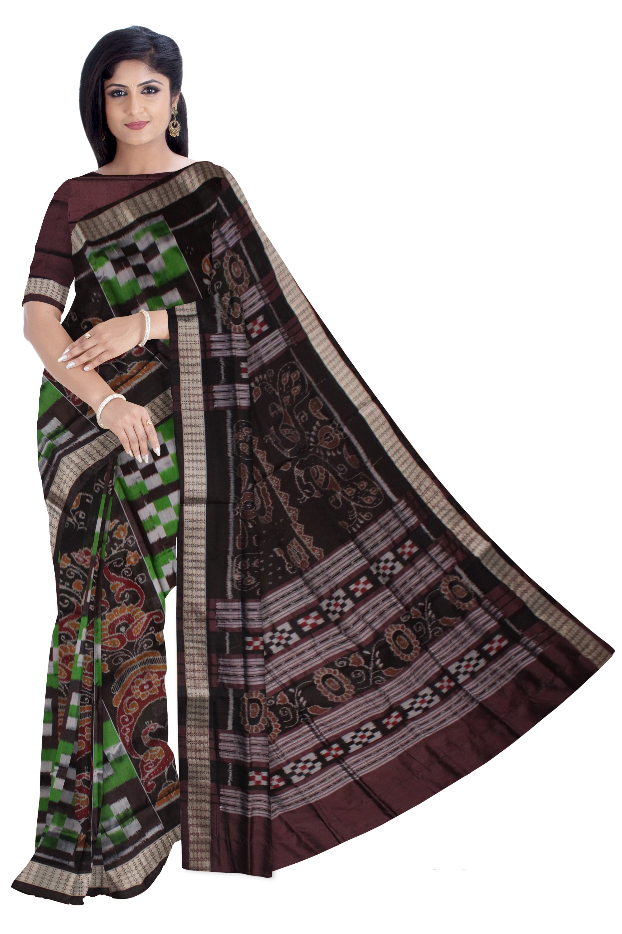 PASAPALI WITH PEACOCK PATTERN SAPTA PATTERN BOMKEI PATA SAREE IS GREEN AND COFFEE COLOR BASE,WITH MATCHING BLOUSE PIECE. - Koshali Arts & Crafts Enterprise