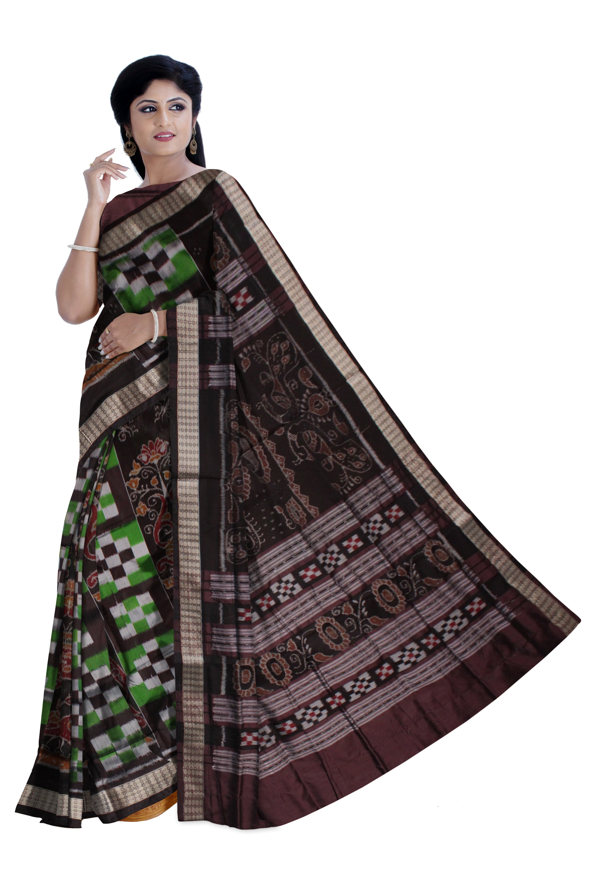 PASAPALI WITH PEACOCK PATTERN SAPTA PATTERN BOMKEI PATA SAREE IS GREEN AND COFFEE COLOR BASE,WITH MATCHING BLOUSE PIECE. - Koshali Arts & Crafts Enterprise
