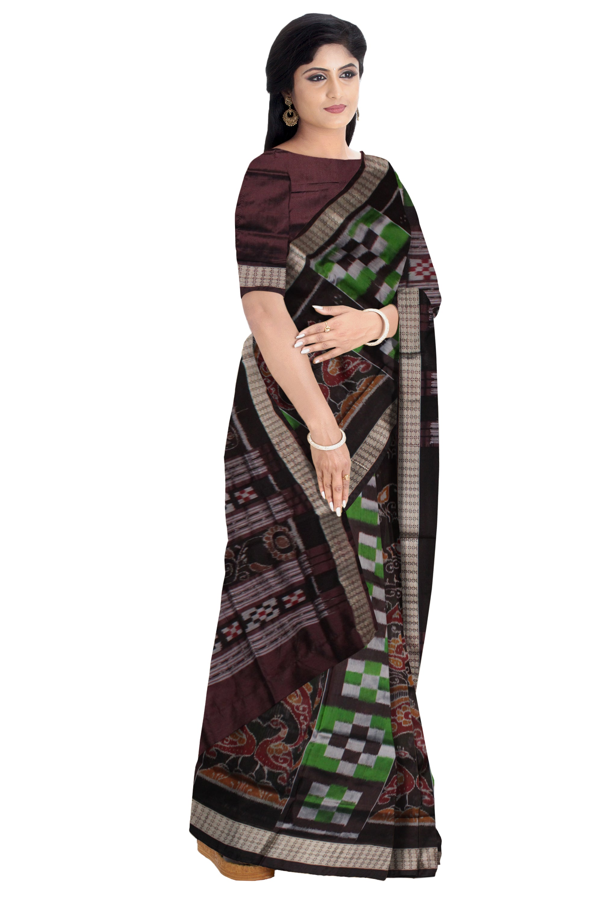 PASAPALI WITH PEACOCK PATTERN SAPTA PATTERN BOMKEI PATA SAREE IS GREEN AND COFFEE COLOR BASE,WITH MATCHING BLOUSE PIECE. - Koshali Arts & Crafts Enterprise