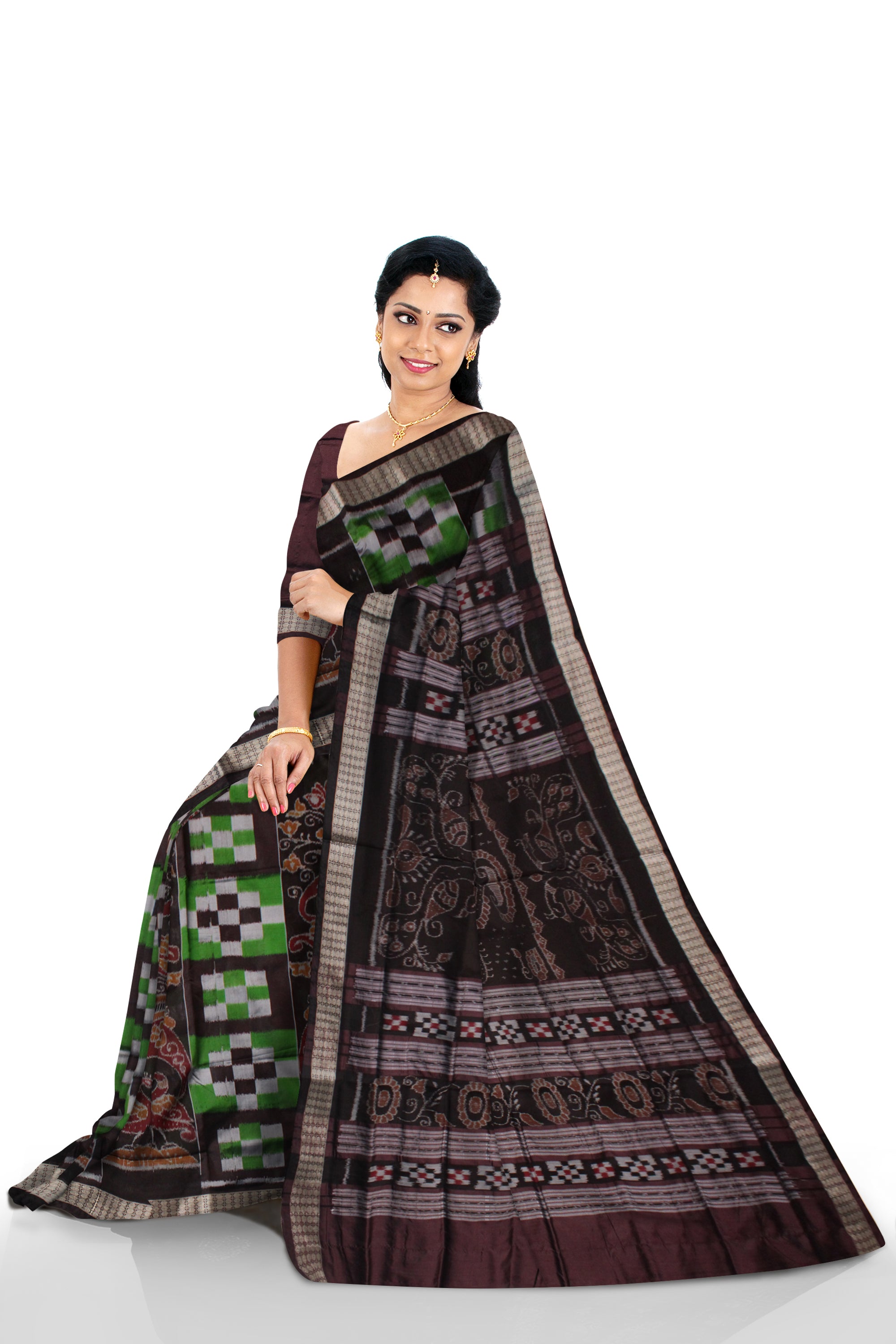 PASAPALI WITH PEACOCK PATTERN SAPTA PATTERN BOMKEI PATA SAREE IS GREEN AND COFFEE COLOR BASE,WITH MATCHING BLOUSE PIECE. - Koshali Arts & Crafts Enterprise