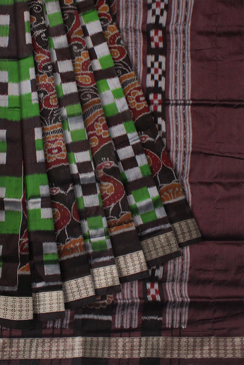 PASAPALI WITH PEACOCK PATTERN SAPTA PATTERN BOMKEI PATA SAREE IS GREEN AND COFFEE COLOR BASE,WITH MATCHING BLOUSE PIECE. - Koshali Arts & Crafts Enterprise
