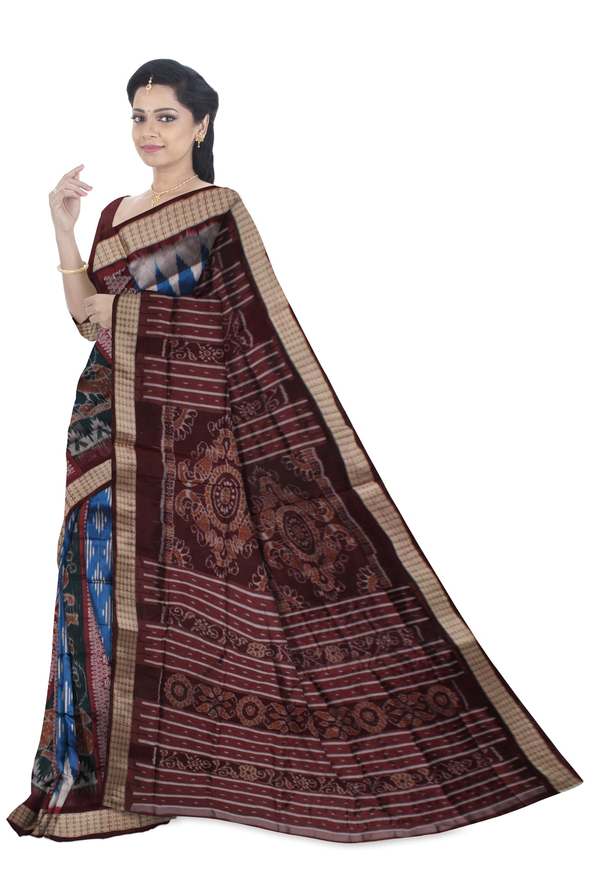 Traditional peacock with ikat pattern Pata saree is 3d color base.