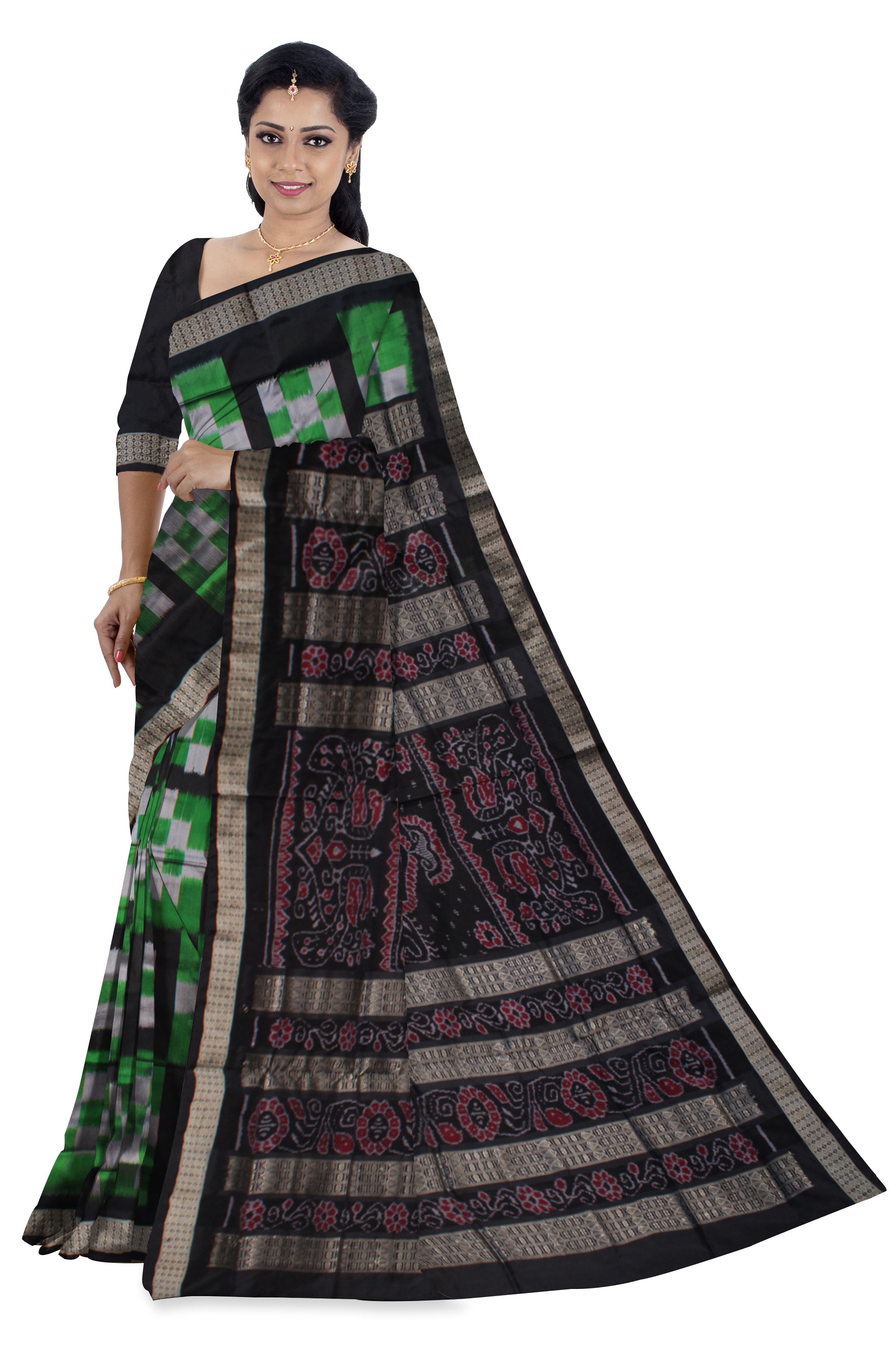 Green and black color pasapali pata saree. - Koshali Arts & Crafts Enterprise